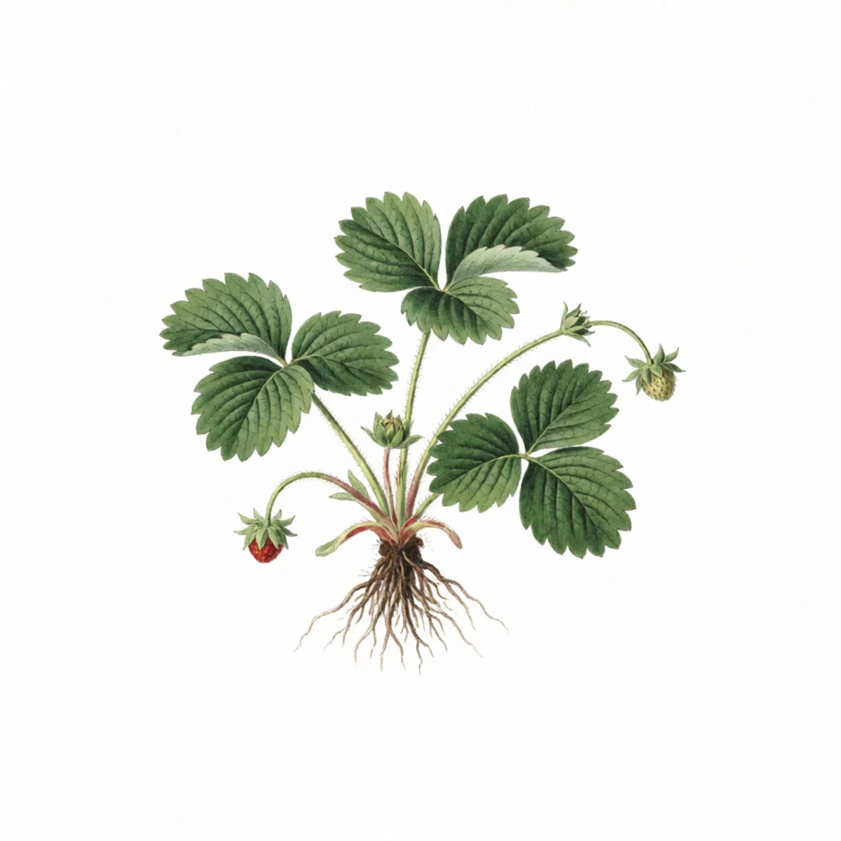 Watercolour plate of a rooted strawberry daughter plant with the runner cut an inch from the crown, roots and crown shown at correct planting depth