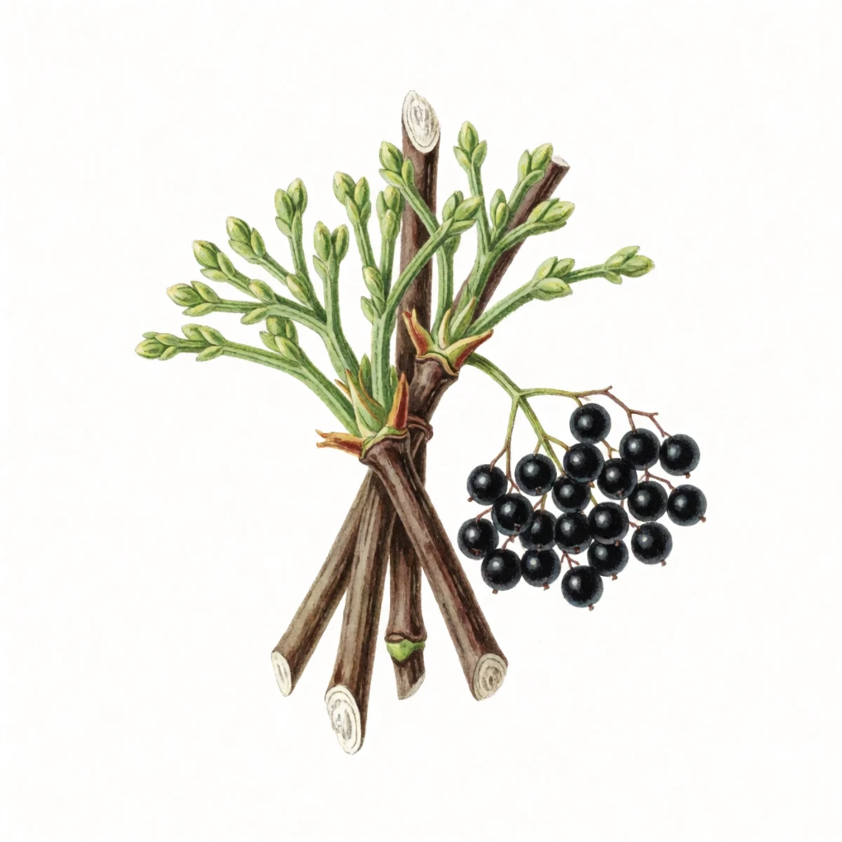 Watercolor plate of elderberry hardwood cuttings with new roots and buds