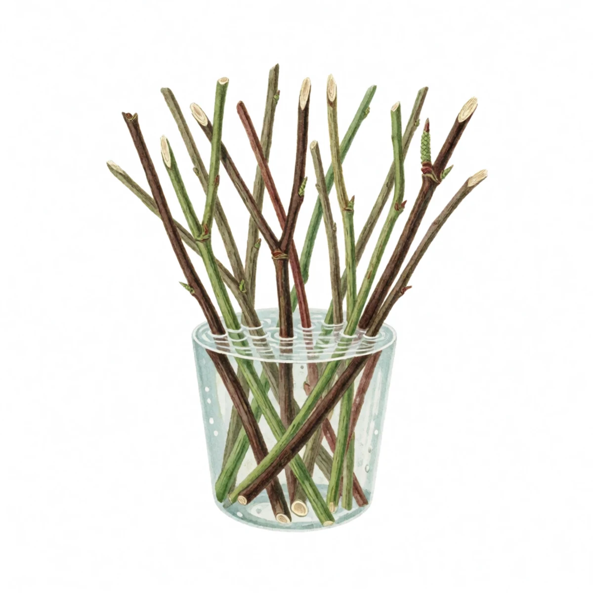 Watercolour plate of elderberry hardwood cuttings standing upright in a bucket of clear water soaking, bark darkened with wet