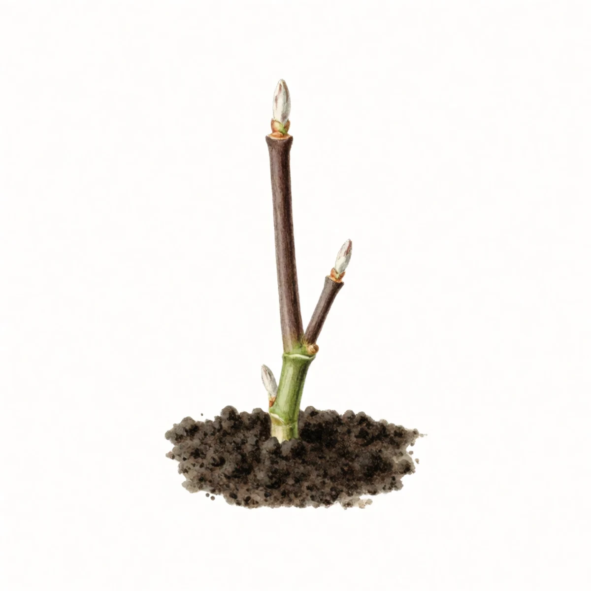 Watercolour plate of an elderberry cutting pushed into dark damp soil with its lowest node buried two inches down, a cross-section showing the buried node below the surface