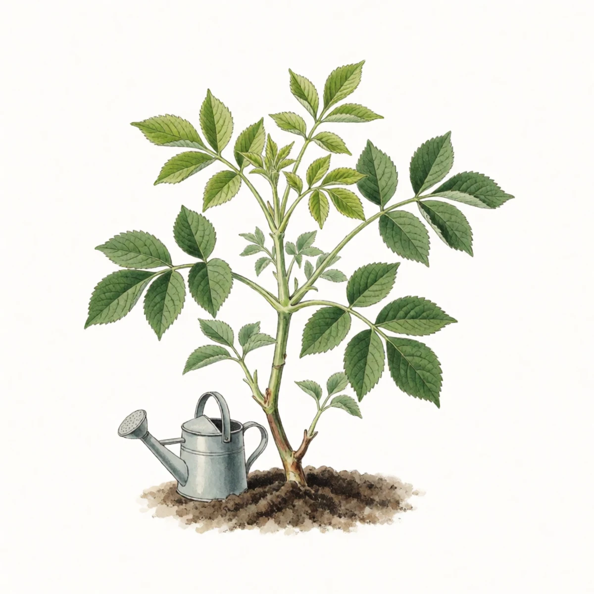 Watercolour plate of a rooted elderberry cutting in its first summer with fresh green compound leaves, bare clean soil around the base, a watering can beside