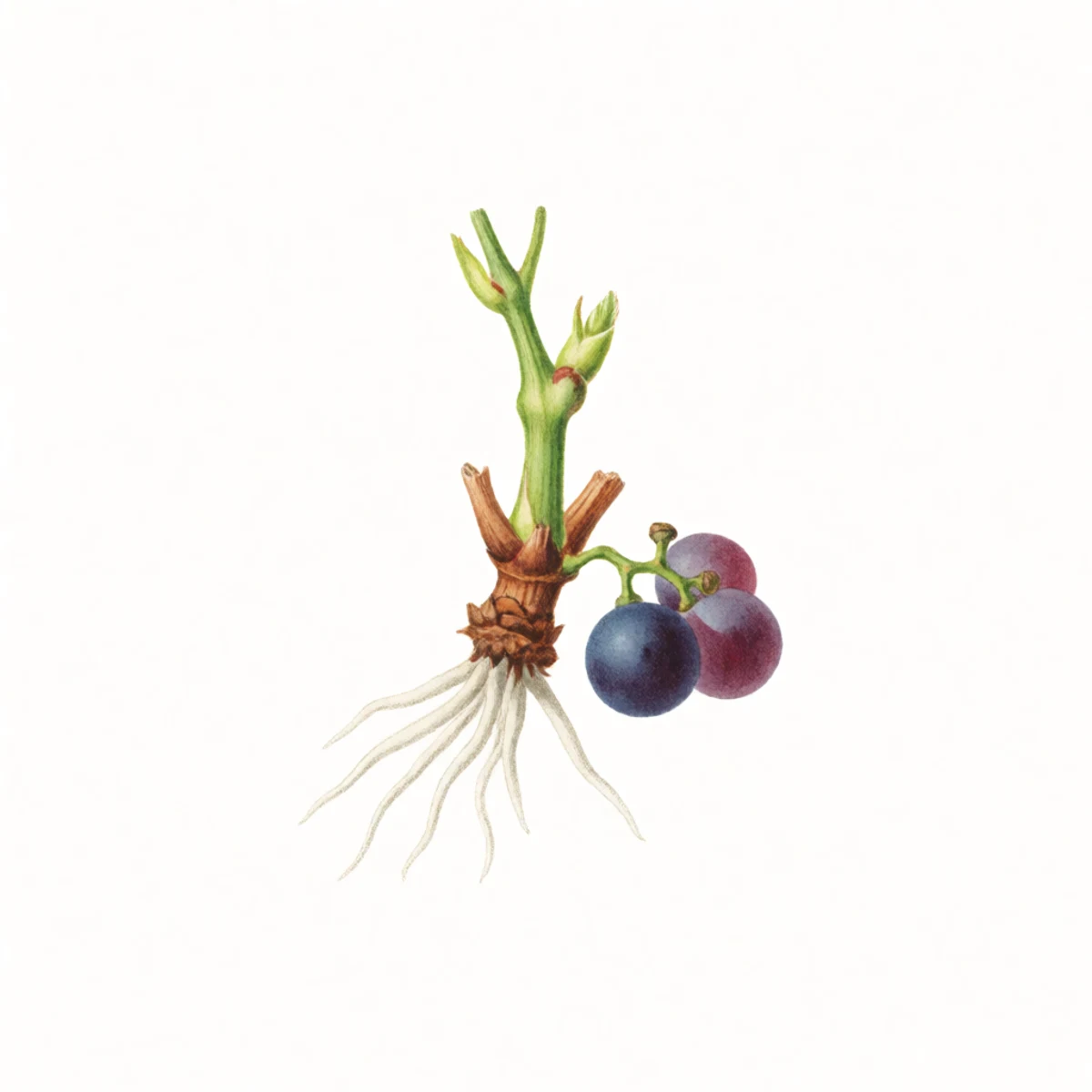 Watercolor plate of a grape hardwood cutting with roots and a breaking bud