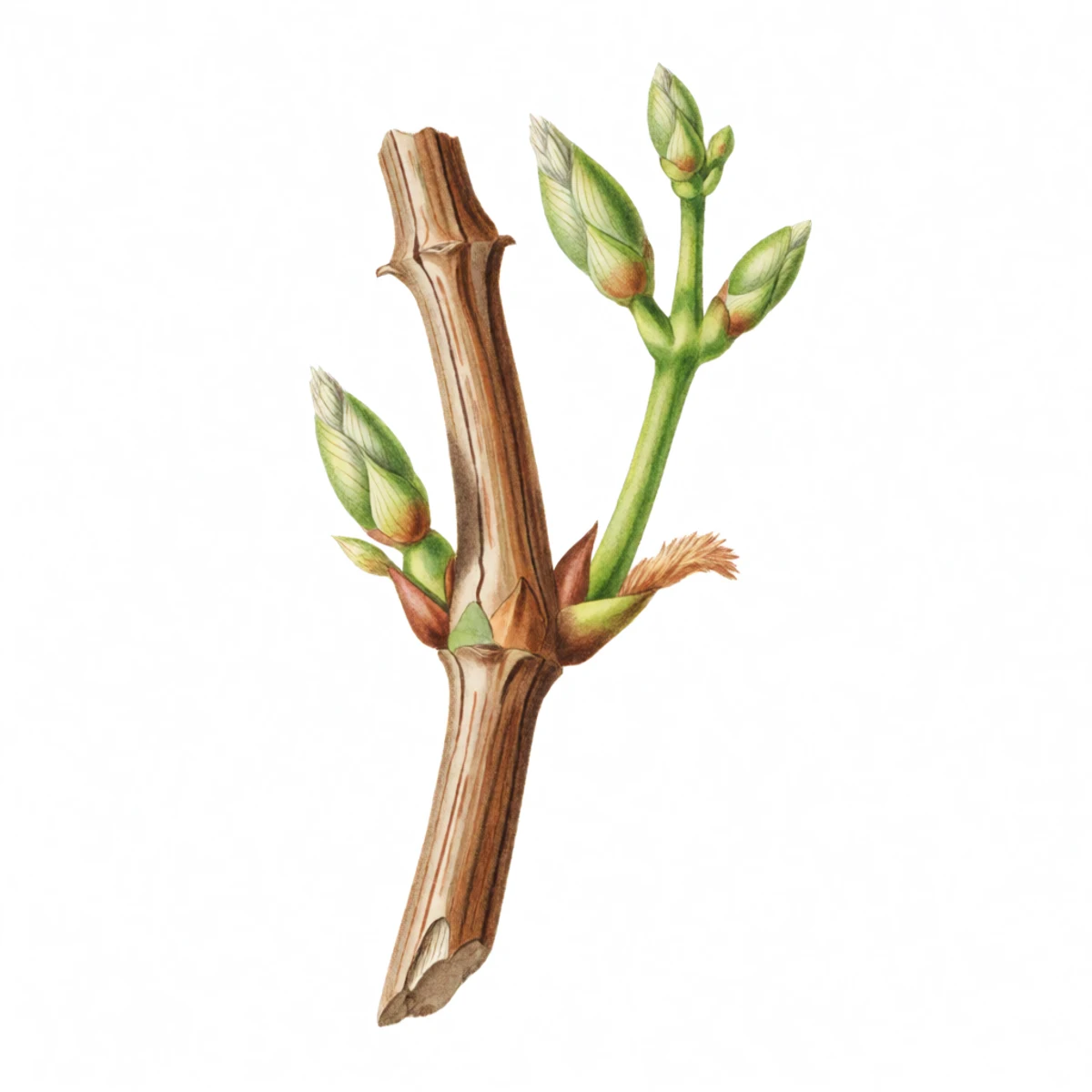 Watercolour plate of smooth dormant grape canes of last season's growth cut into pencil-thick lengths, papery bark and clear swelling buds