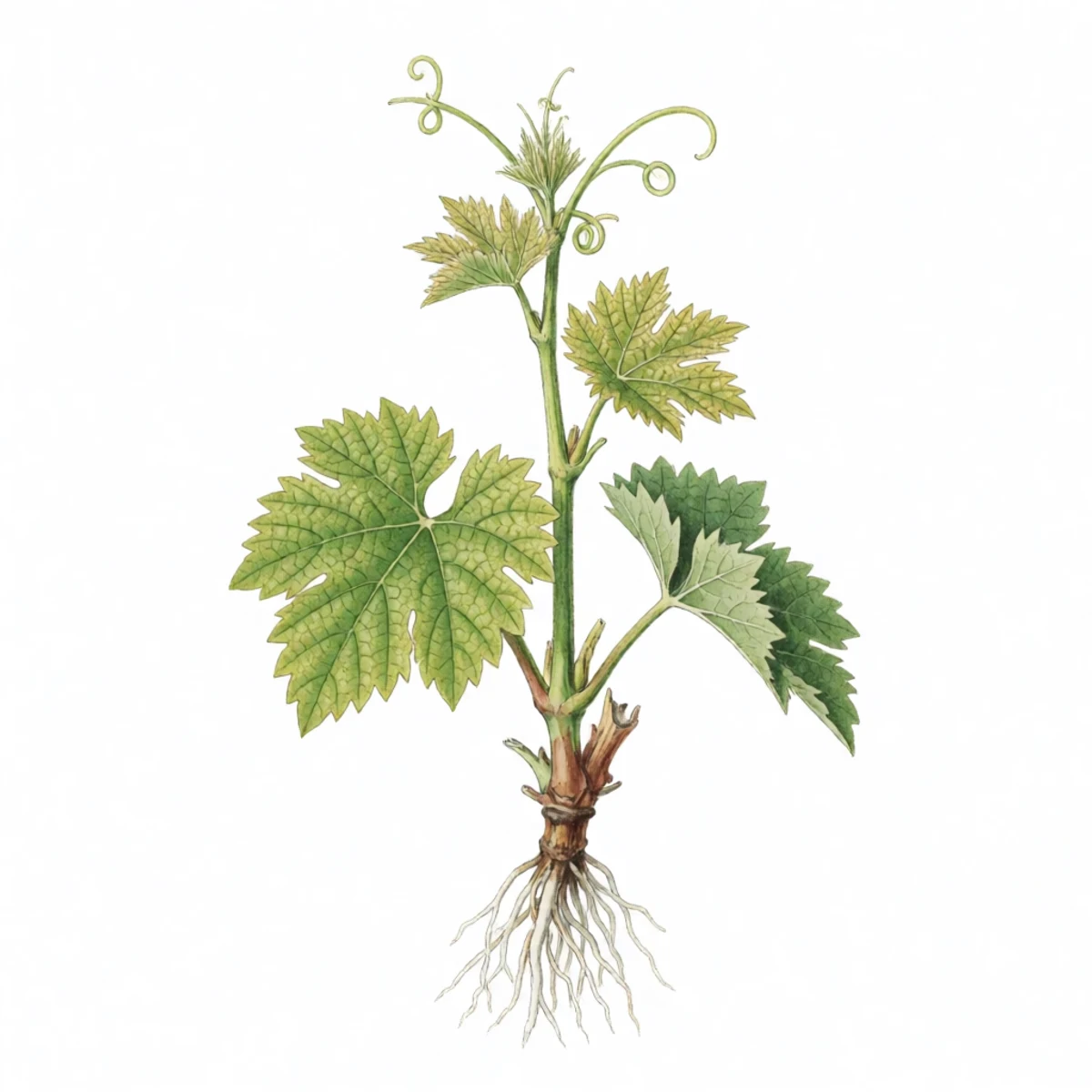 Watercolour plate of a first-year rooted grape cutting with young green leaves and a tendril, white roots visible in the pot