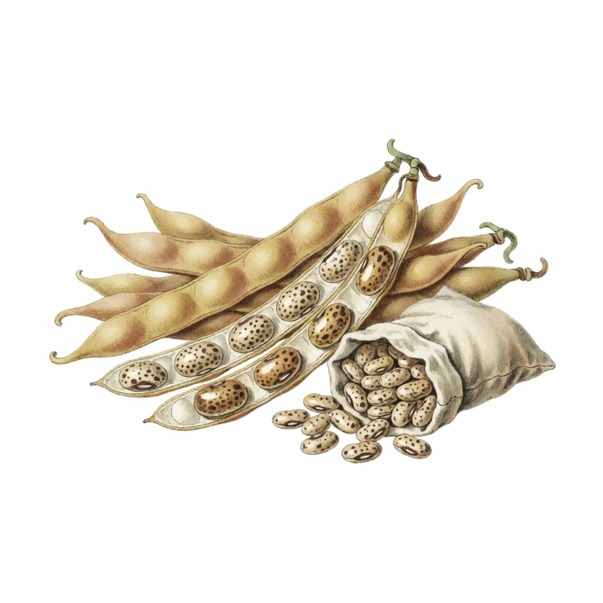 Watercolor plate of dry bean pods split open with speckled seeds