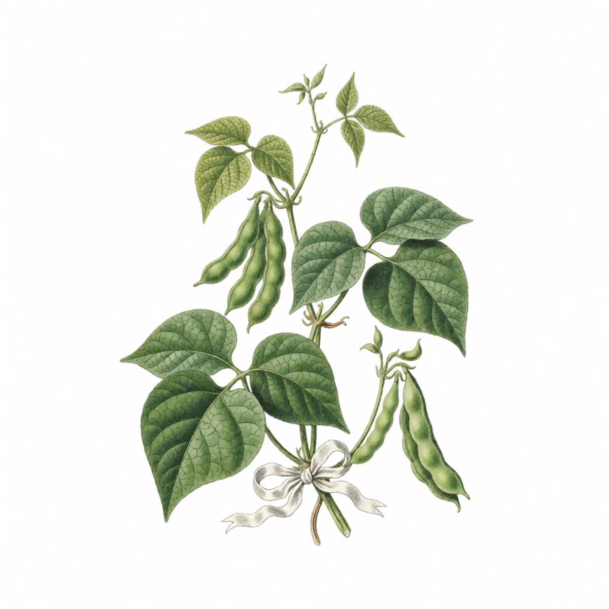 Watercolour plate of a bean plant marked with a tied ribbon and left unpicked, pods swelling fat while neighbouring plants are picked green