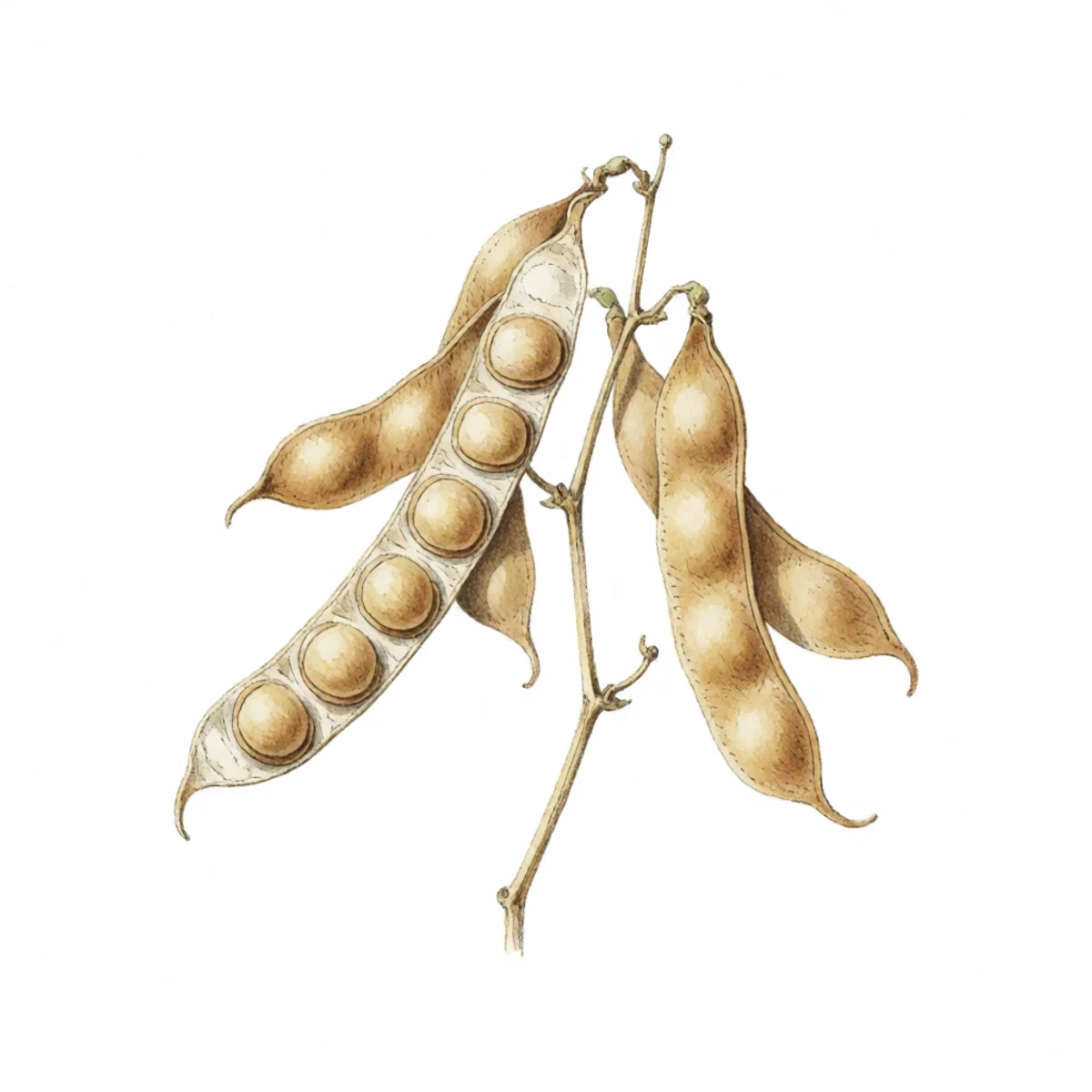 Watercolour plate of tan papery bean pods on a dried-down plant, one split open to show hard rattling seeds
