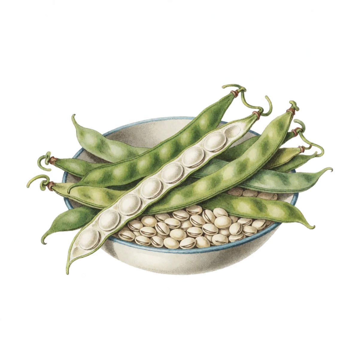 Watercolour plate of dry bean pods being shelled into a bowl, sound plump seeds kept and shrivelled or pinholed ones set aside