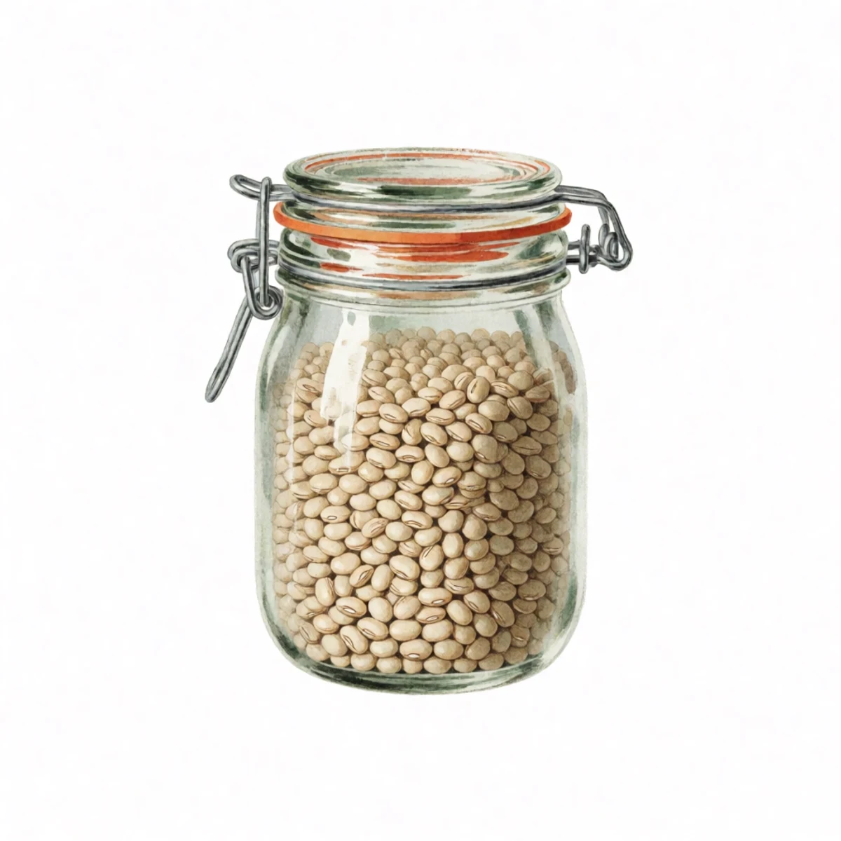 Watercolour plate of a sealed glass jar of dry bean seeds in a freezer, frost on the outside of the glass