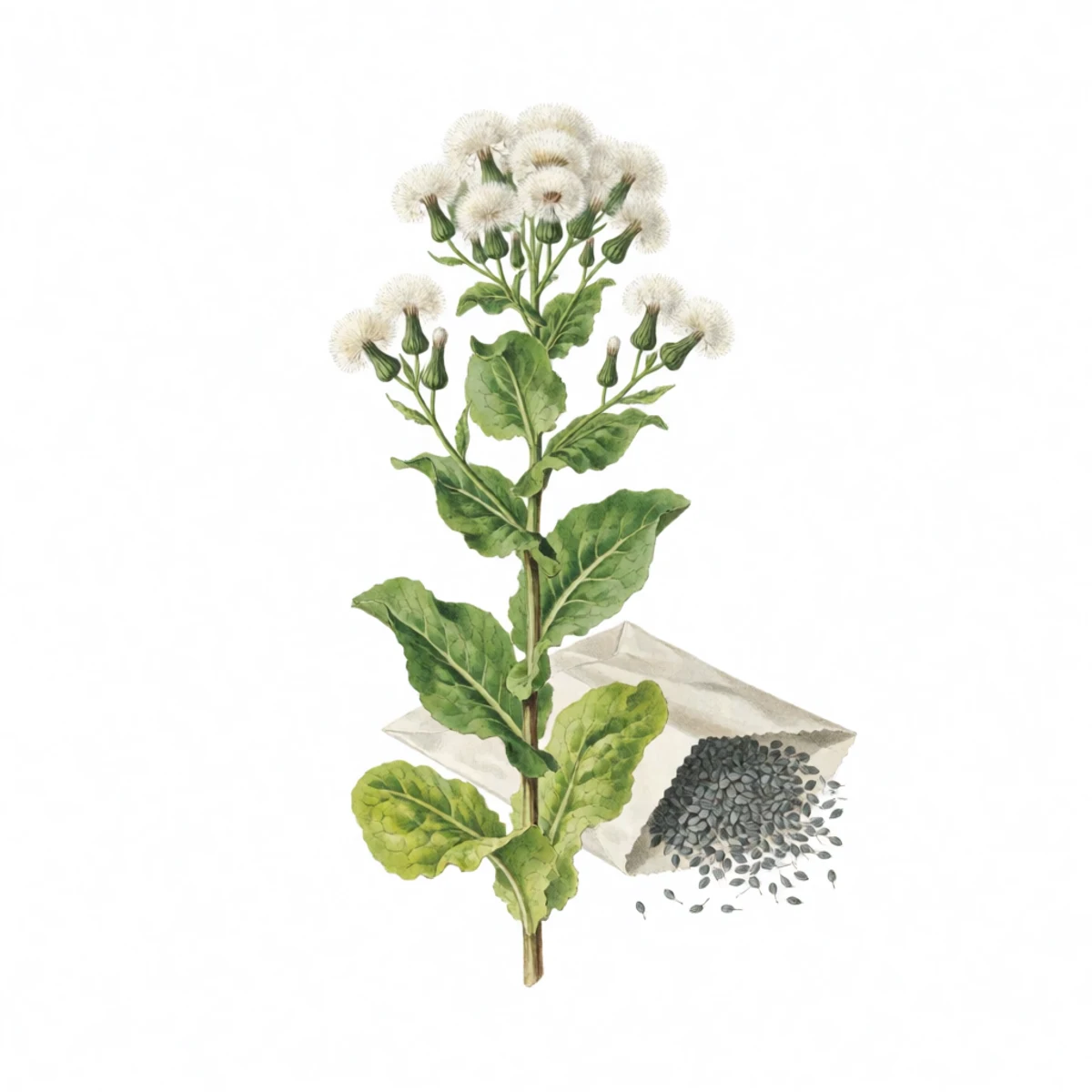Watercolor plate of a bolted lettuce with fluffy seed heads