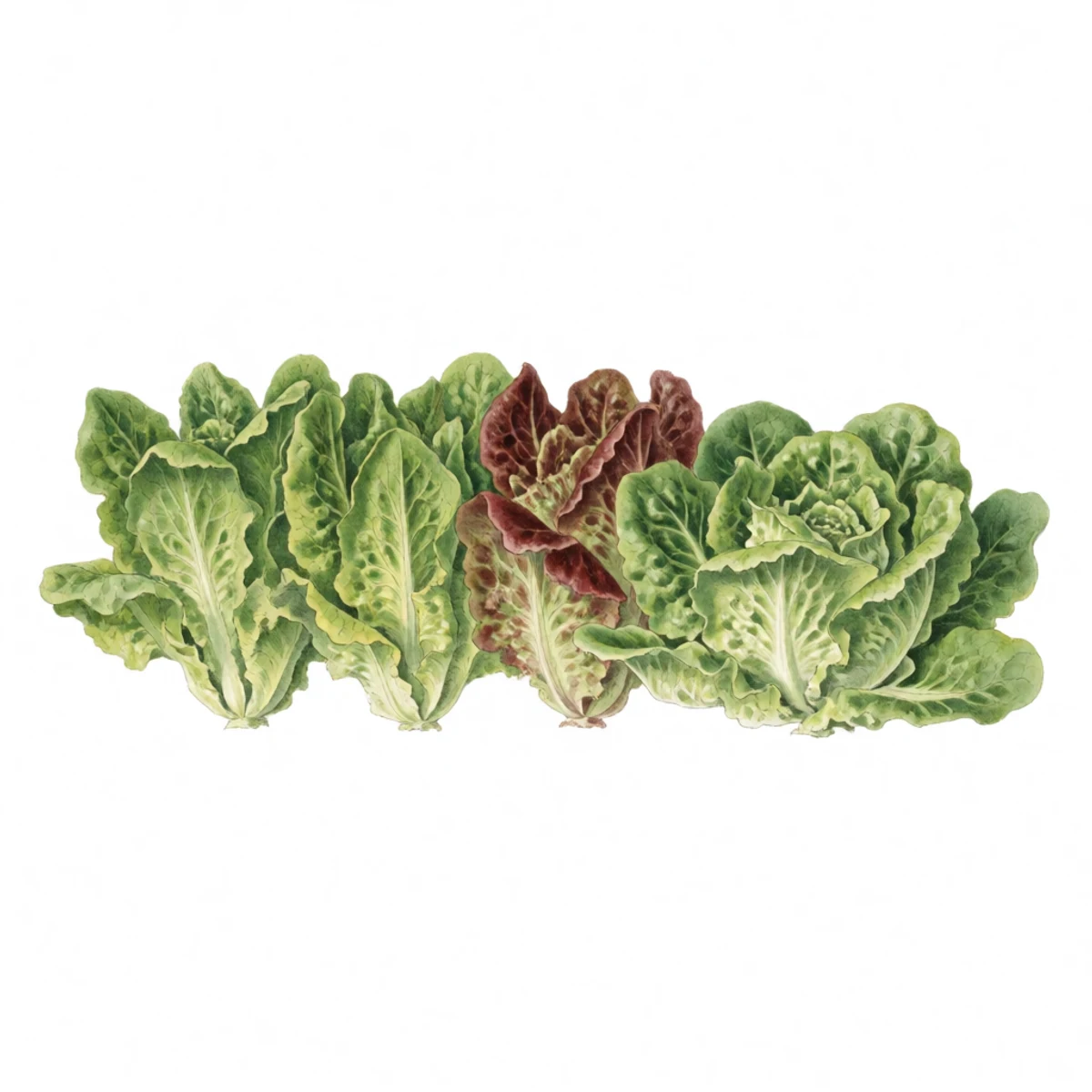 Watercolour plate of a row of lettuce where most plants have bolted but one stands crisp and low, marked as the plant to save