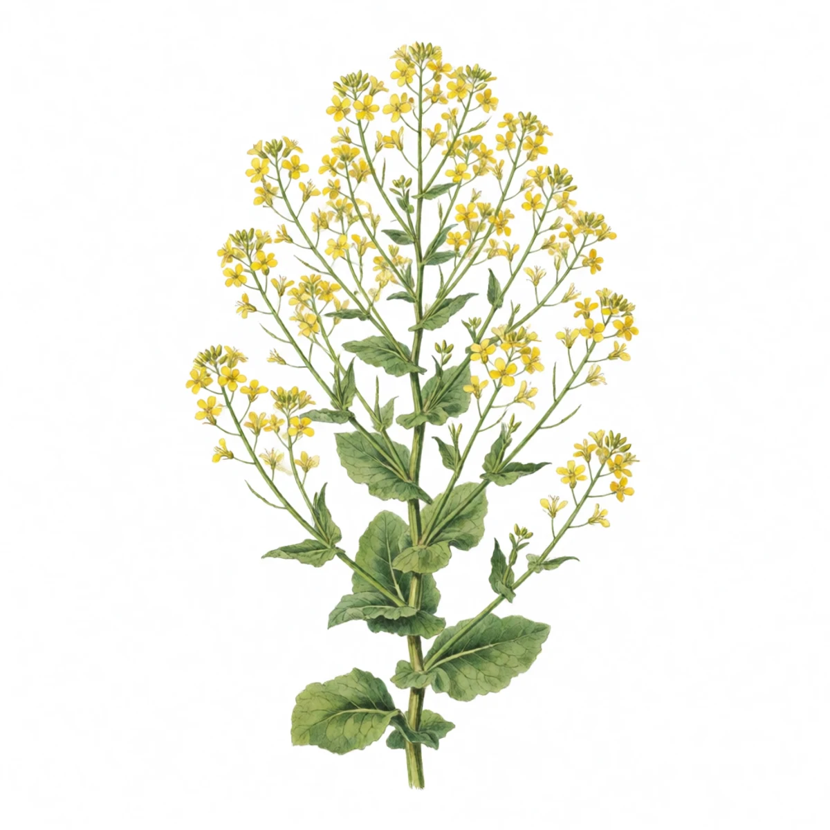 Watercolour plate of a bolted lettuce plant grown shoulder high and staked, branching with dozens of small yellow flowers
