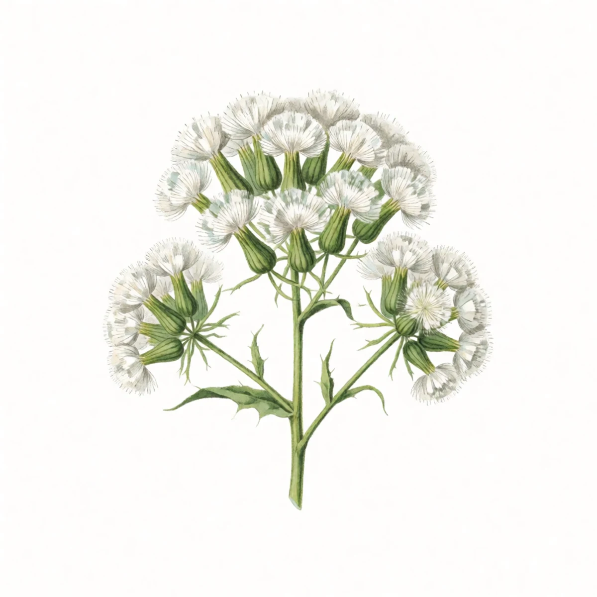 Watercolour plate of lettuce flower heads turned to small white feathery puffs like miniature dandelions, seeds inside