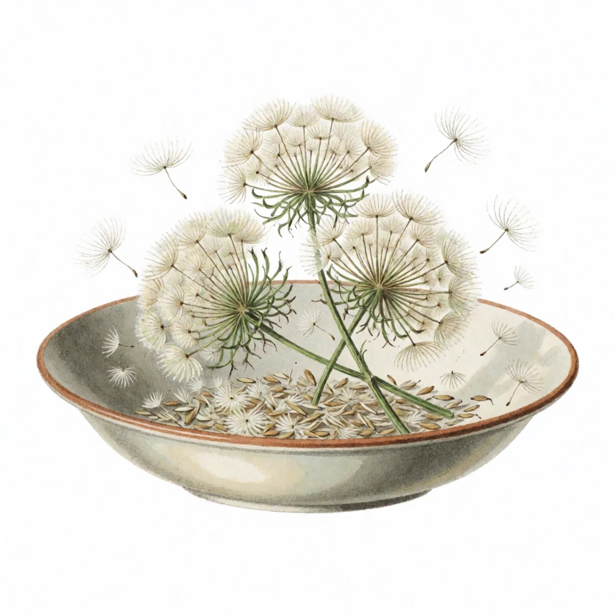 Watercolour plate of dry lettuce heads being rubbed between palms over a bowl, fluffy chaff winnowing away from the small seeds
