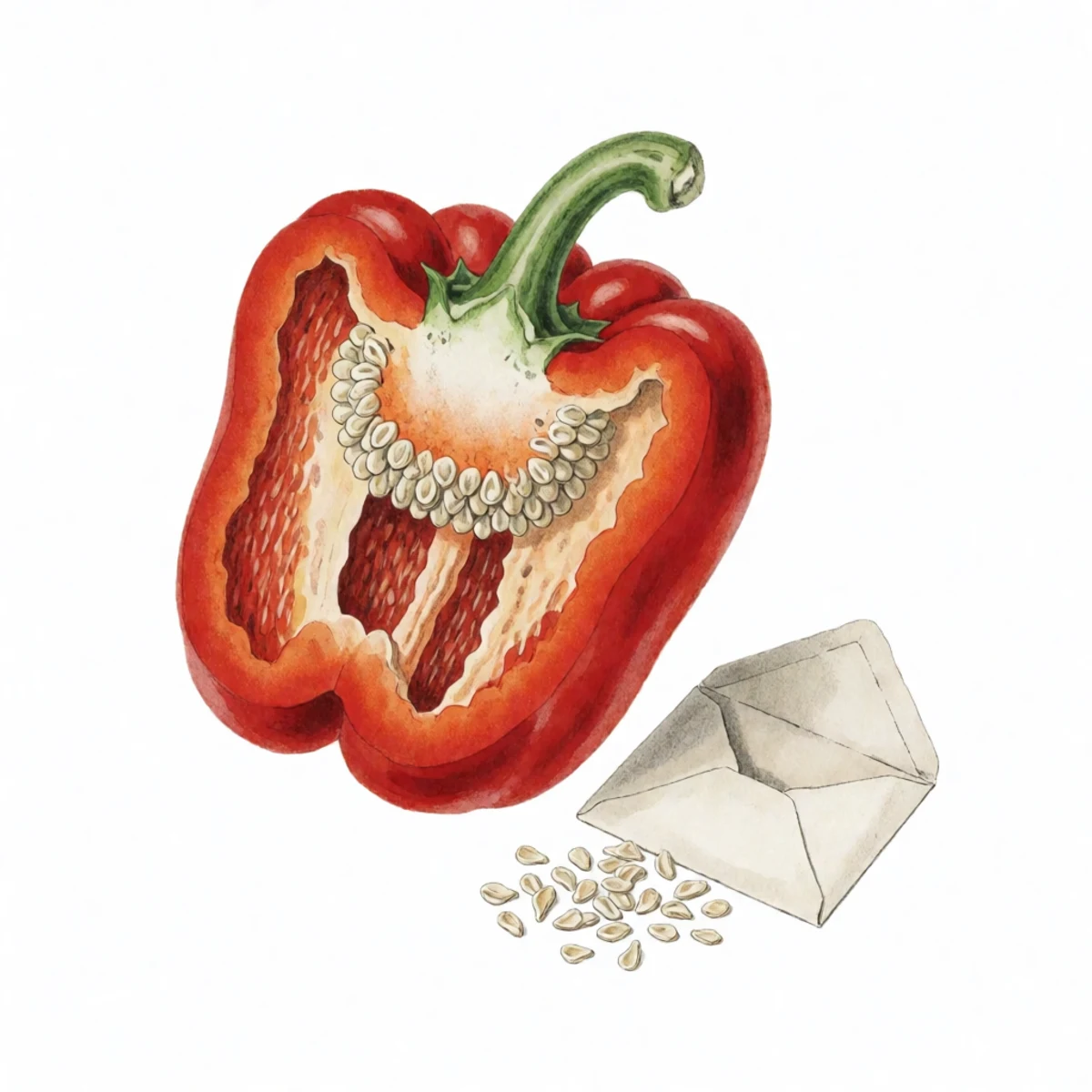 Watercolor plate of a red pepper cut open with its seed cluster