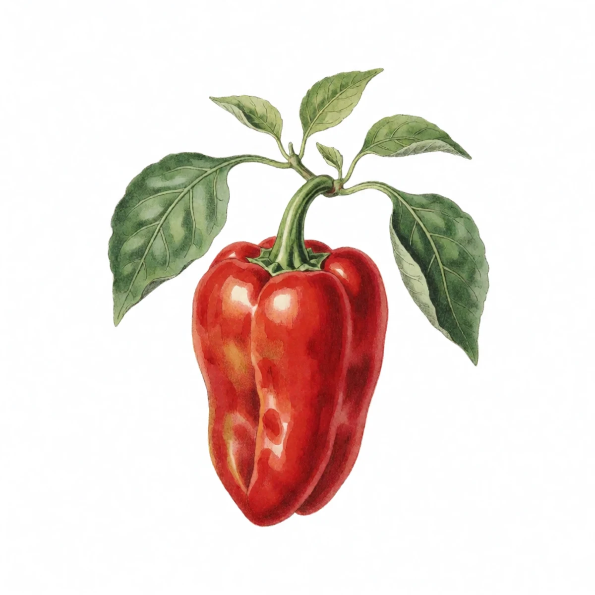Watercolour plate of a fully coloured red pepper left on the plant past eating stage, skin just beginning to wrinkle