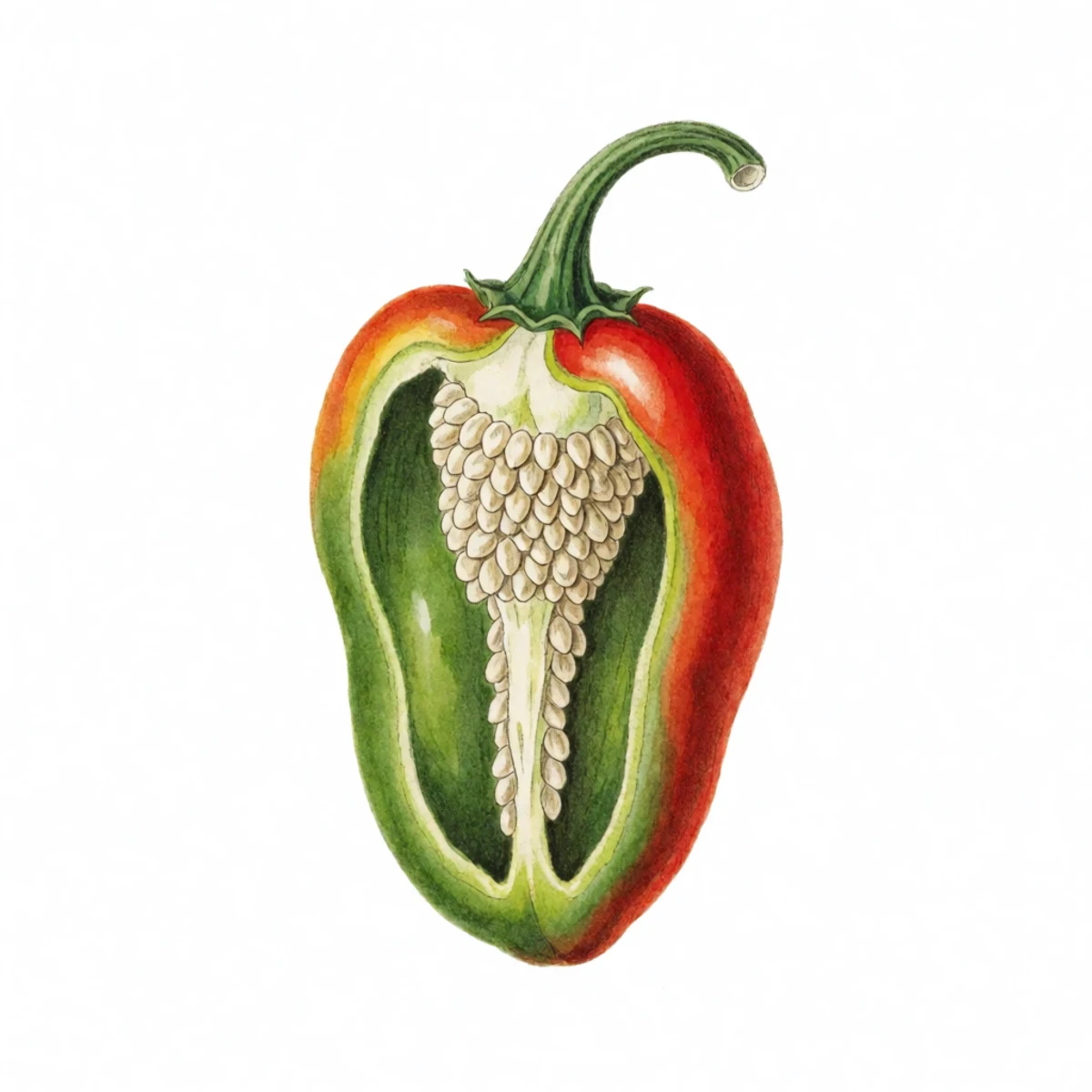 Watercolour plate of a pepper with its shoulder sliced off and the whole seed-covered core pulled out in one piece