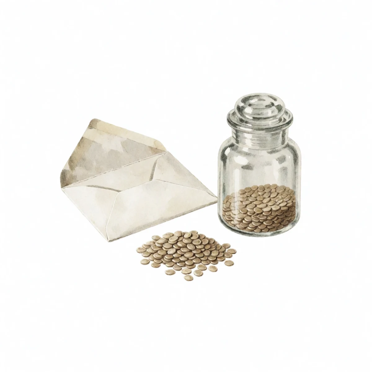 Watercolour plate of a paper seed envelope labelled with variety and year, seeds beside it and a storage jar behind