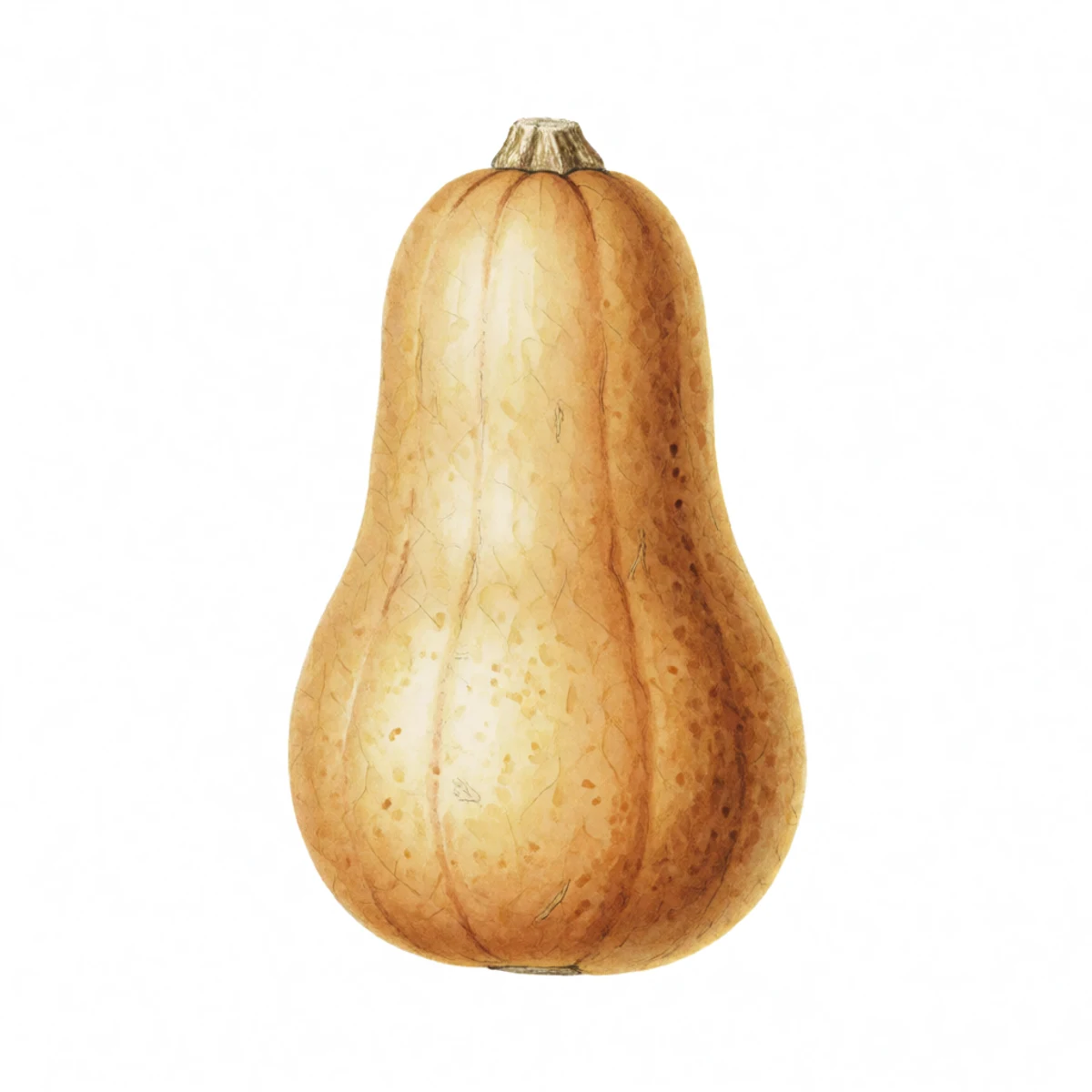 Watercolour plate of a fully mature butternut squash in storage on a shelf, curing whole for a month before it is cut