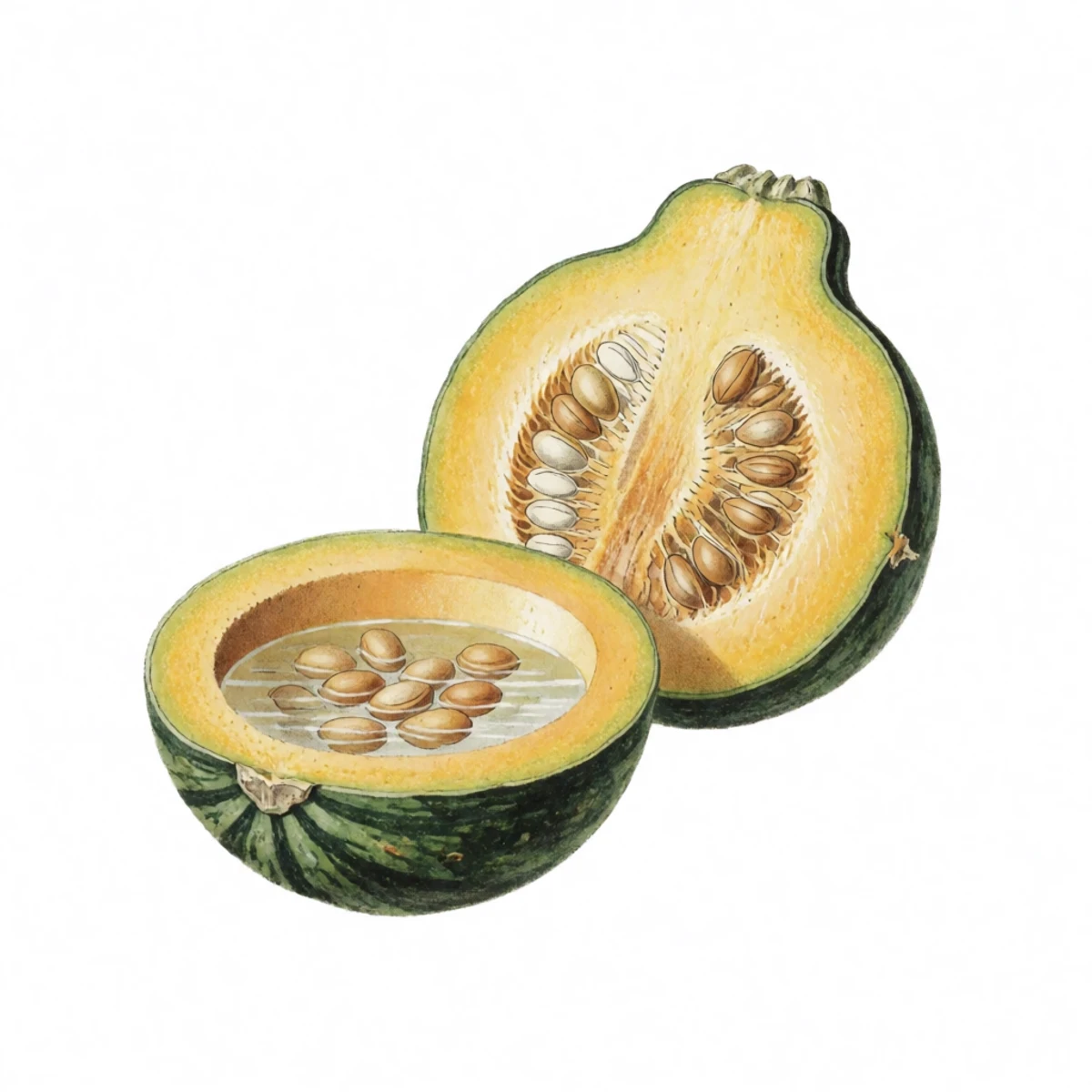 Watercolour plate of a squash halved with the seed mass being scooped into a bowl of water, fat seeds separating from the stringy pulp