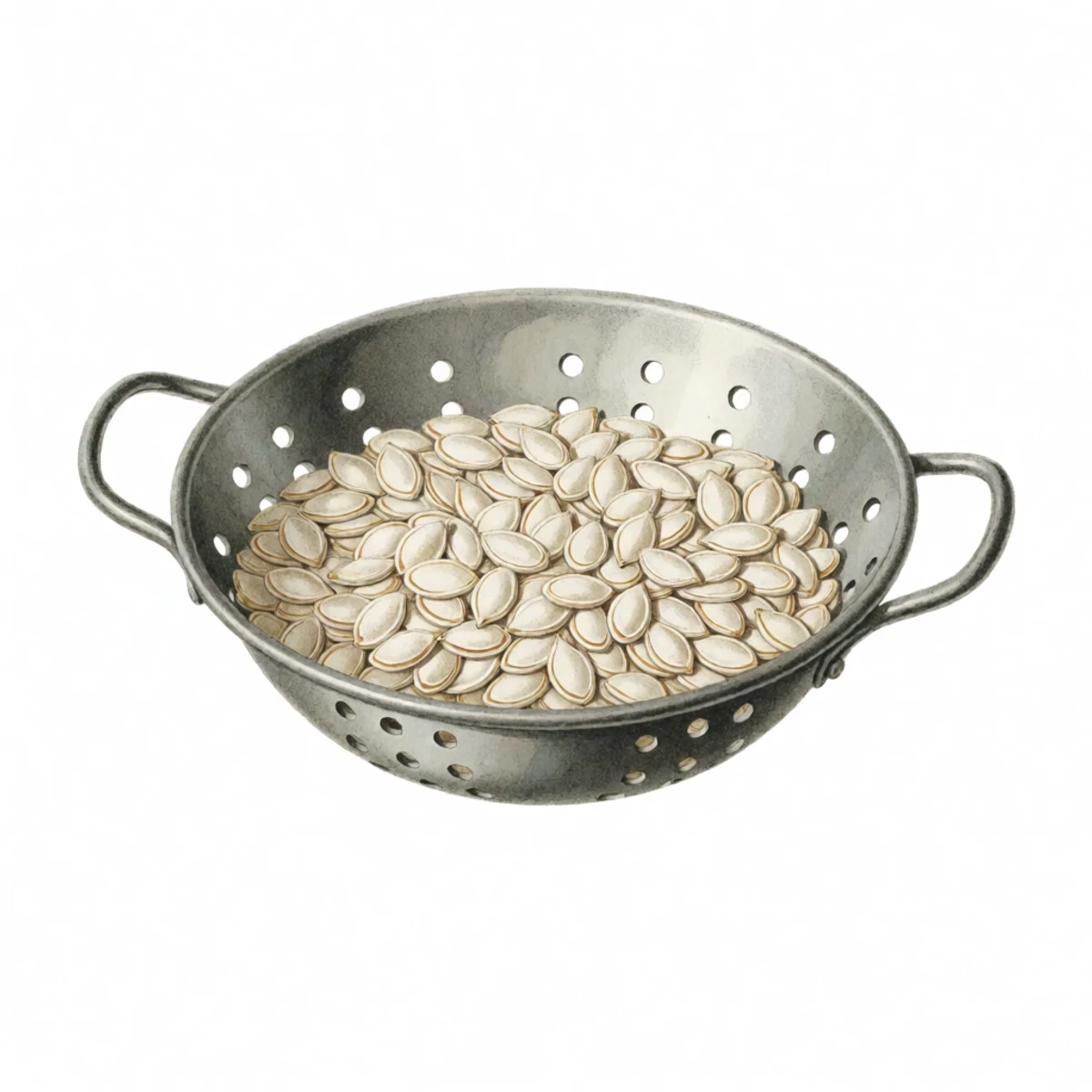 Watercolour plate of squash seeds being rubbed clean in a colander under running water