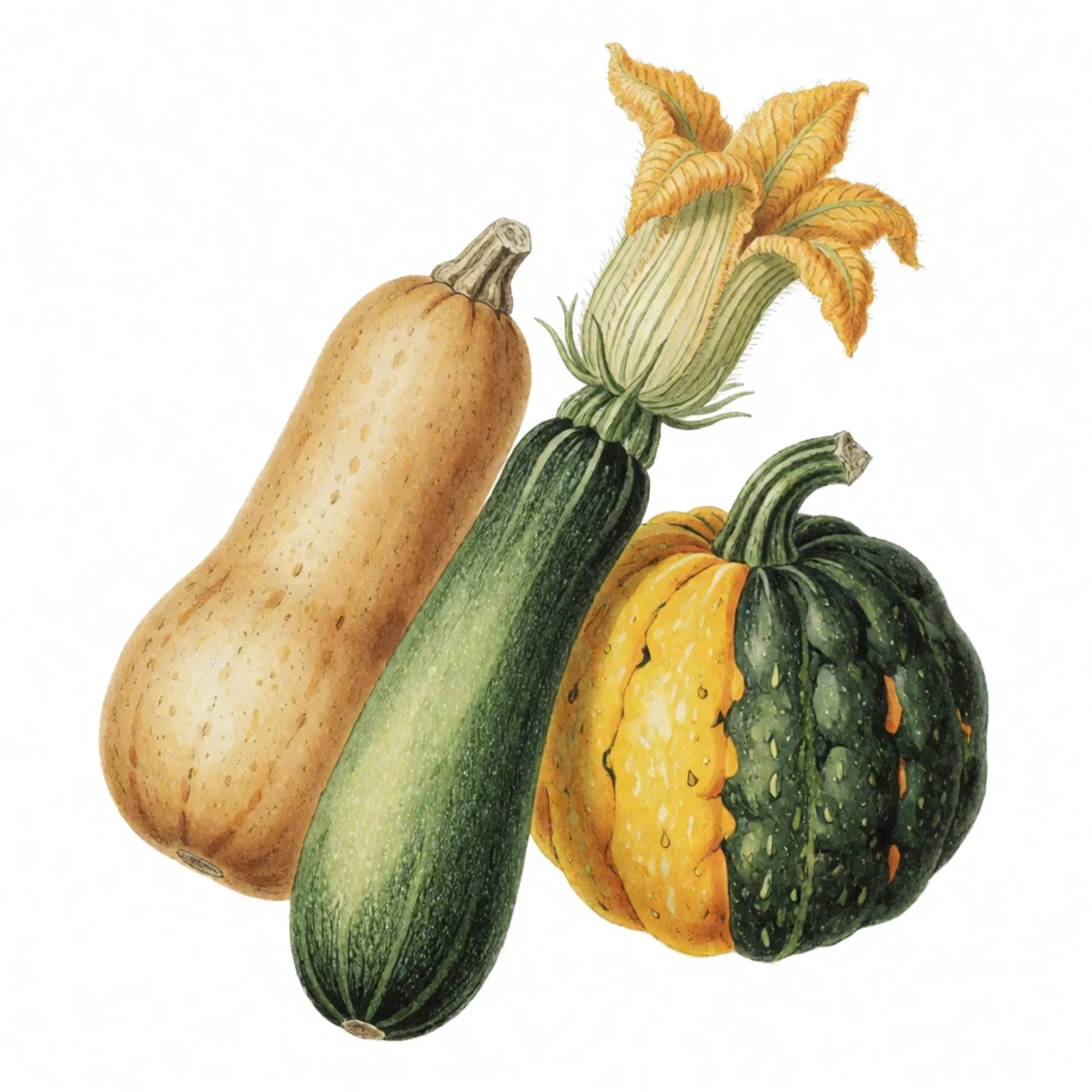 Watercolour plate of three squash of different species shown together - a butternut, a zucchini and a hubbard - with a female flower taped shut for isolation
