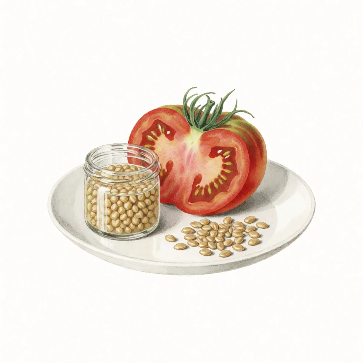Watercolor plate of a halved tomato, a jar of fermenting pulp, and dried seeds