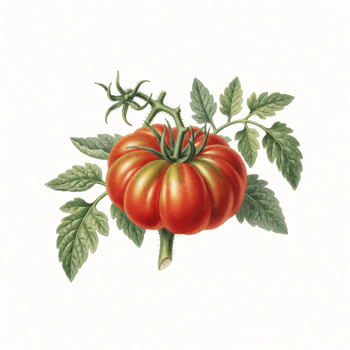 Watercolour plate of a dead-ripe heirloom tomato with deep ribbing on the vine, chosen as the seed fruit, healthy foliage around it