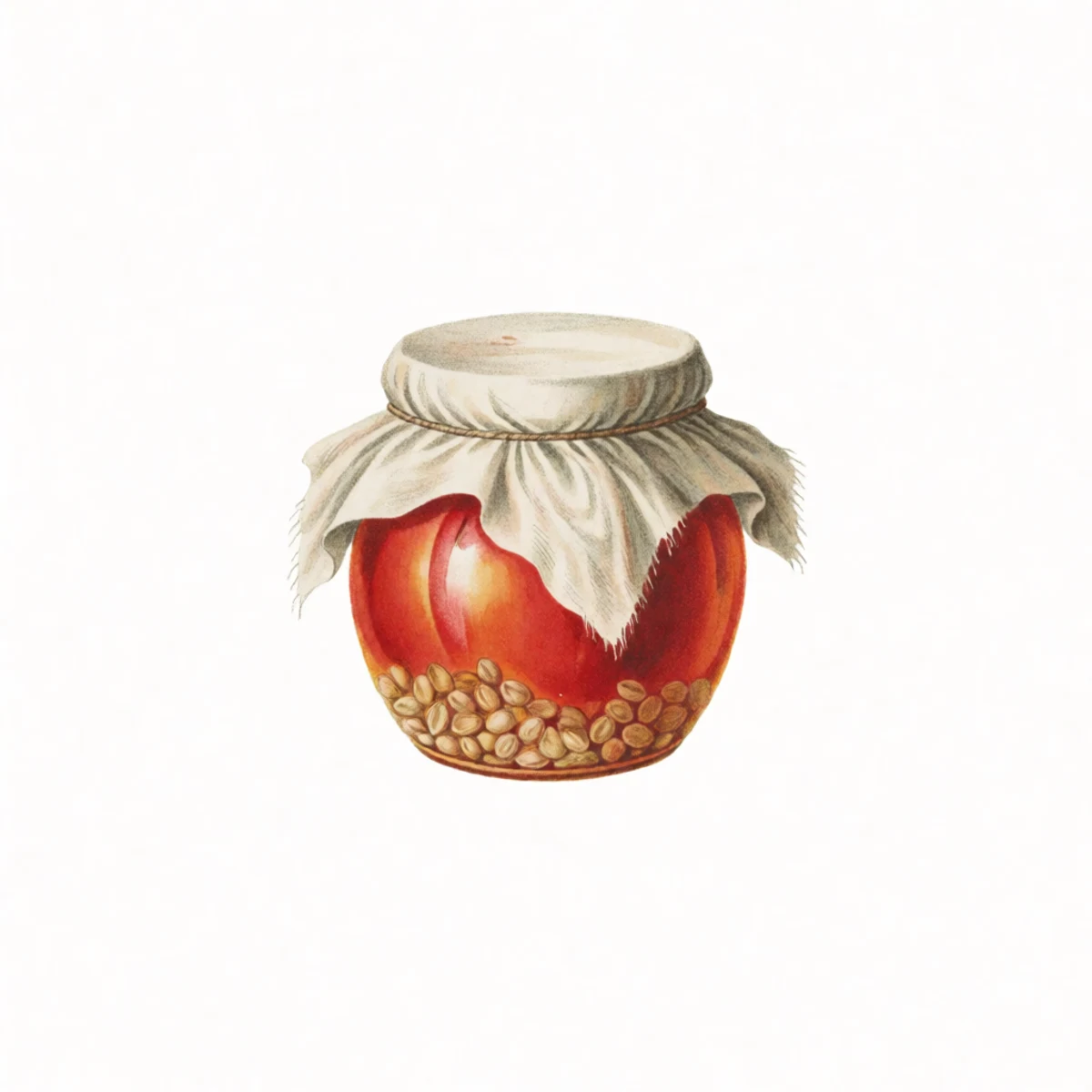 Watercolour plate of a jar of fermenting tomato seeds covered with a cloth, a film of white mould on the surface