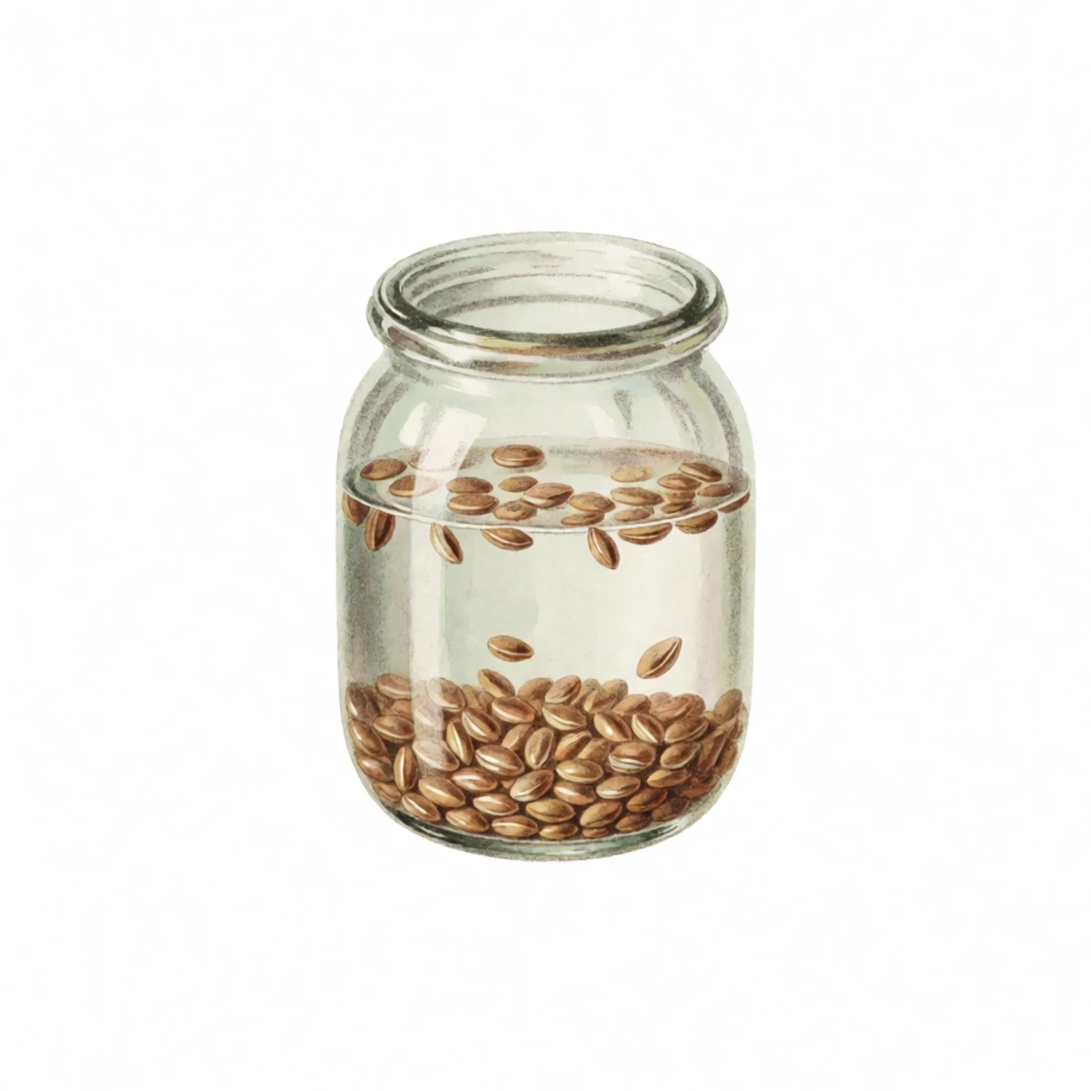 Watercolour plate of tomato seeds being rinsed in a jar, clean seeds sinking while pulp and hollow seeds pour off with the water