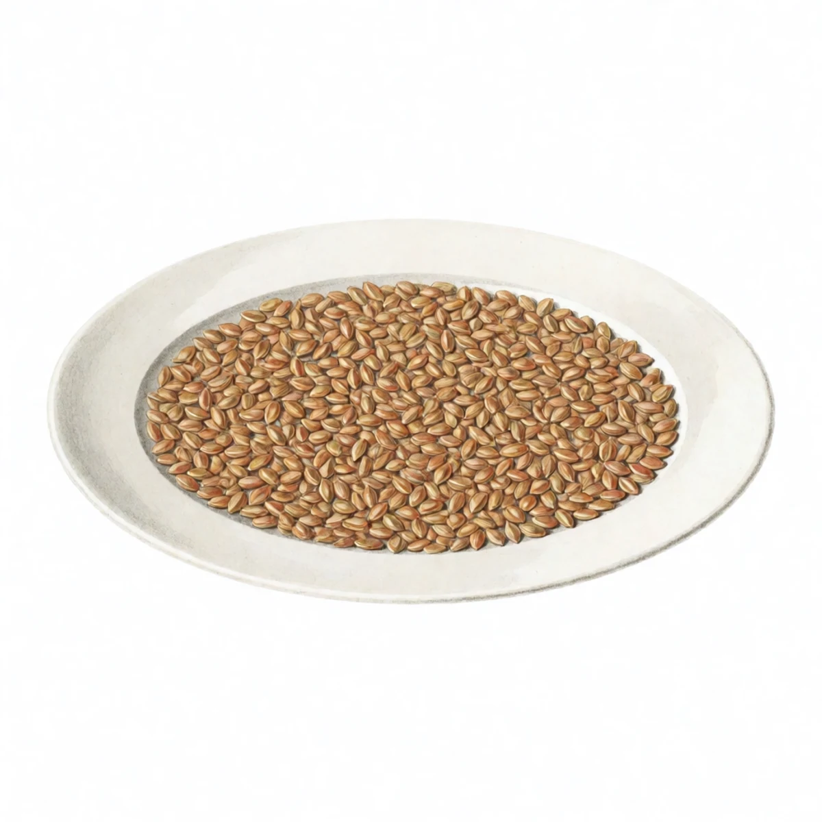 Watercolour plate of clean tomato seeds spread in a single layer on a white ceramic plate to dry