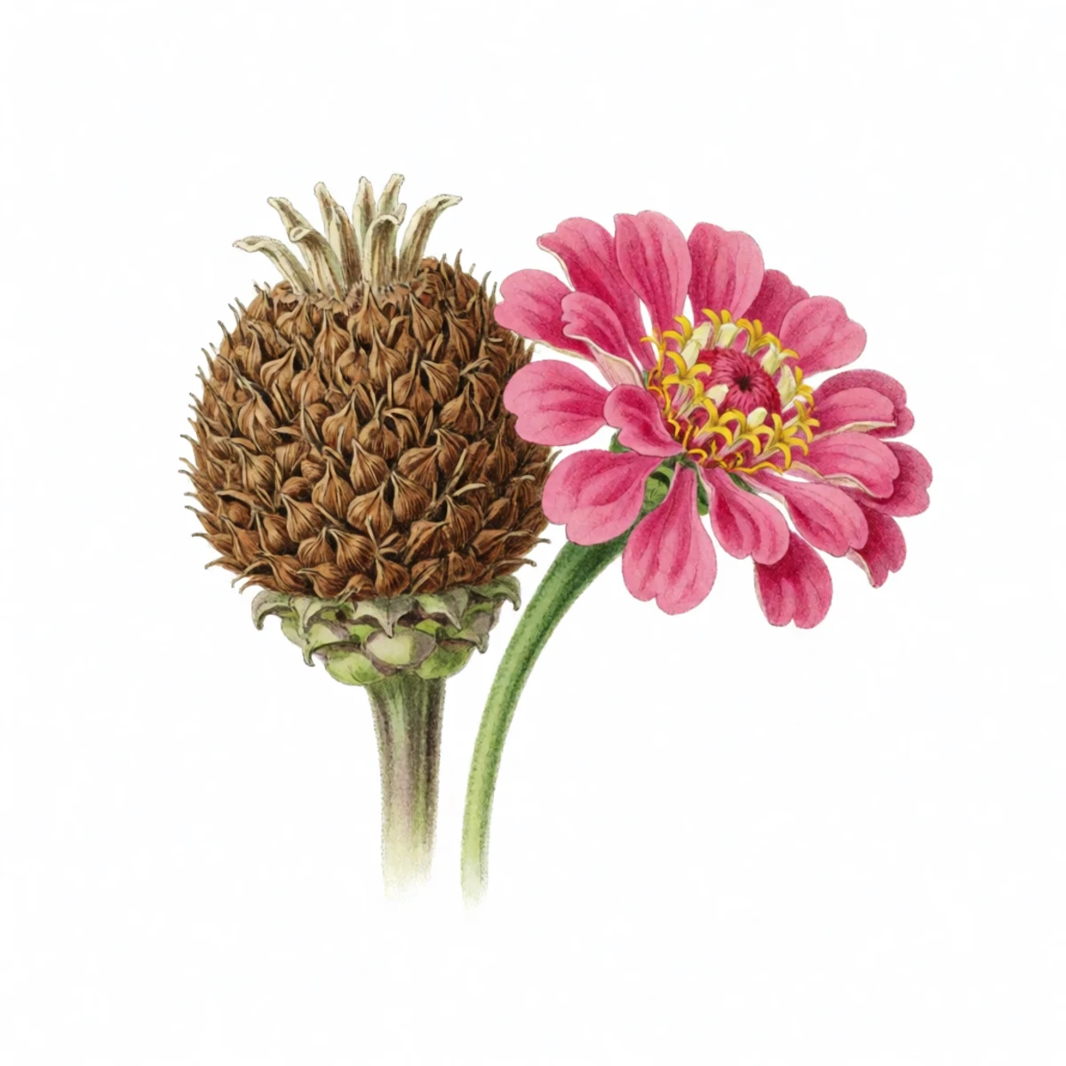 Watercolor plate of a dry zinnia head pulled apart into seeds
