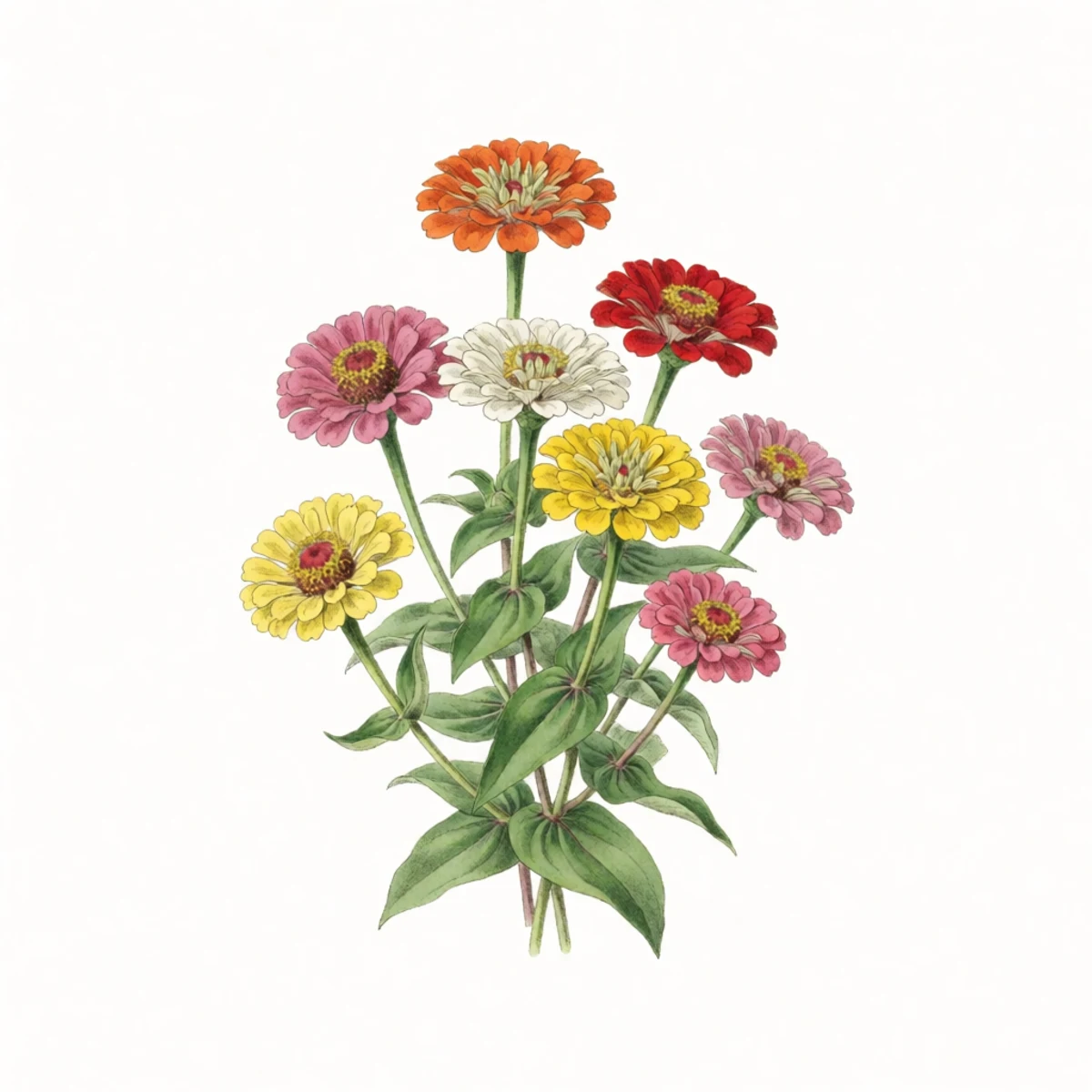Watercolour plate of zinnia blooms in several colours with ribbons tied behind the chosen heads, left standing on the plant