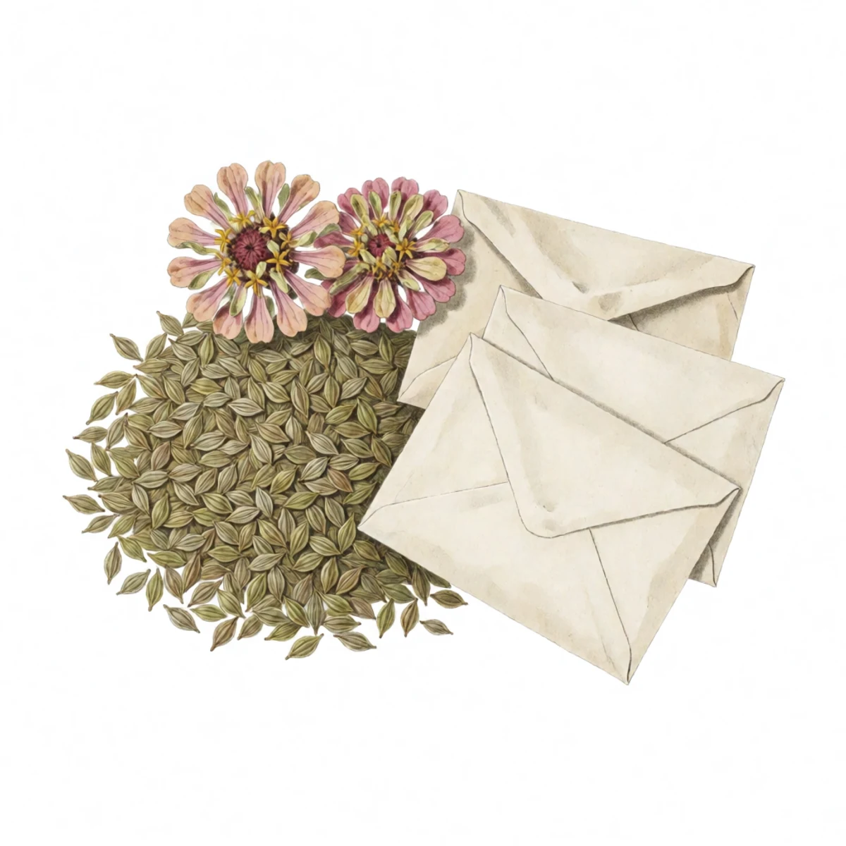 Watercolour plate of zinnia seeds drying on a plate beside labelled paper envelopes marked by flower colour