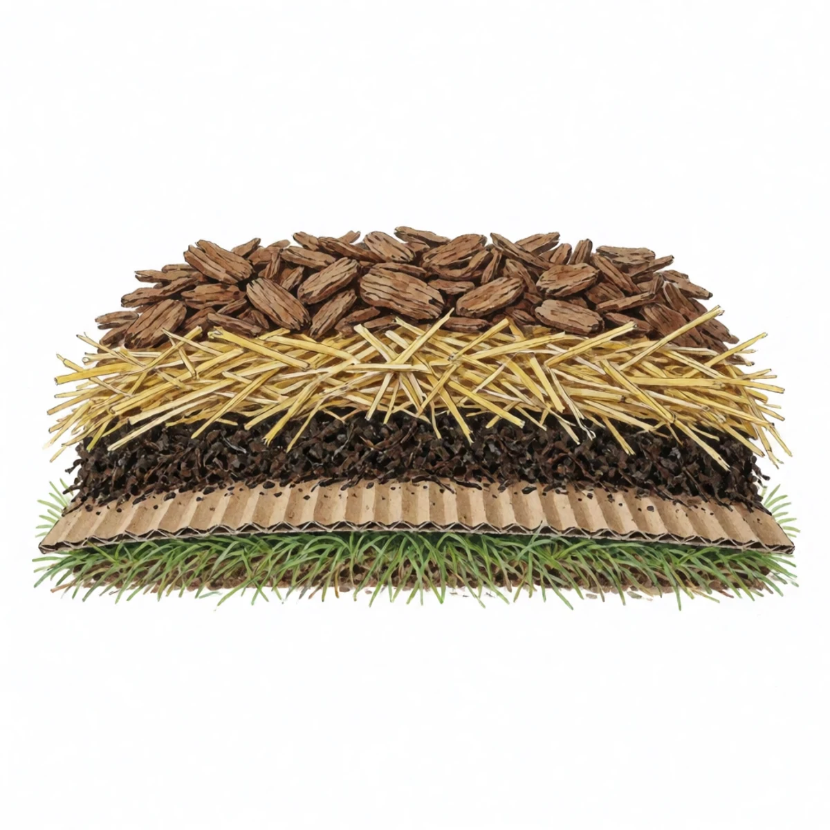 Watercolor cross-section of a sheet mulched bed, grass under cardboard under compost and chips