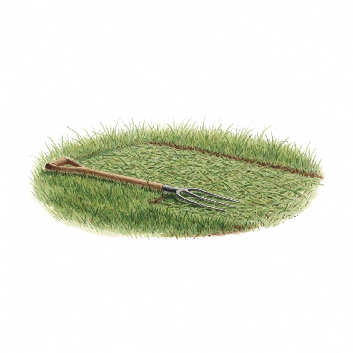 Watercolour plate of a patch of lawn mowed down to the scalp with clippings left lying, a digging fork stabbed in to relieve compaction