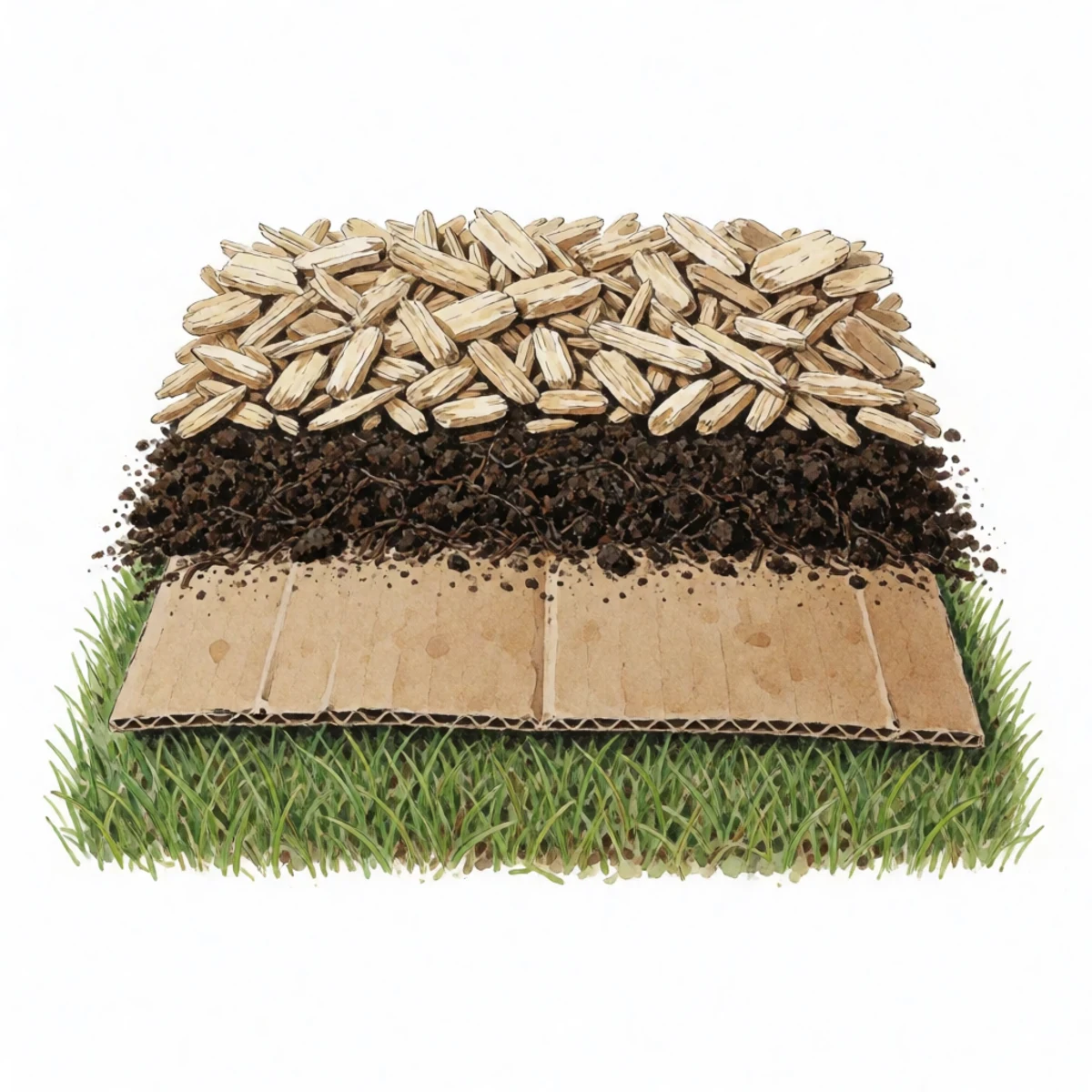 Watercolour plate of the cut edge of a newly sheet-mulched garden bed in four stacked bands, from the bottom upward: green lawn grass at the very bottom, then a sheet of plain brown corrugated cardboard laid flat over the grass, then a band of dark crumbly compost, and coarse pale wood chips as the topmost layer