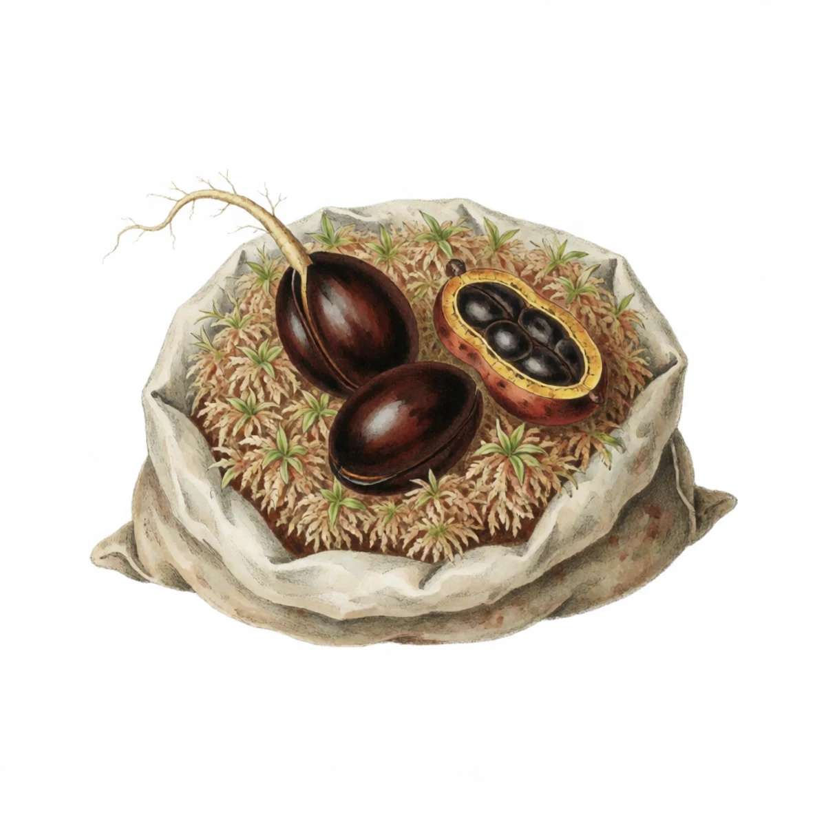 Watercolor plate of pawpaw seeds in damp moss, one with a taproot emerging