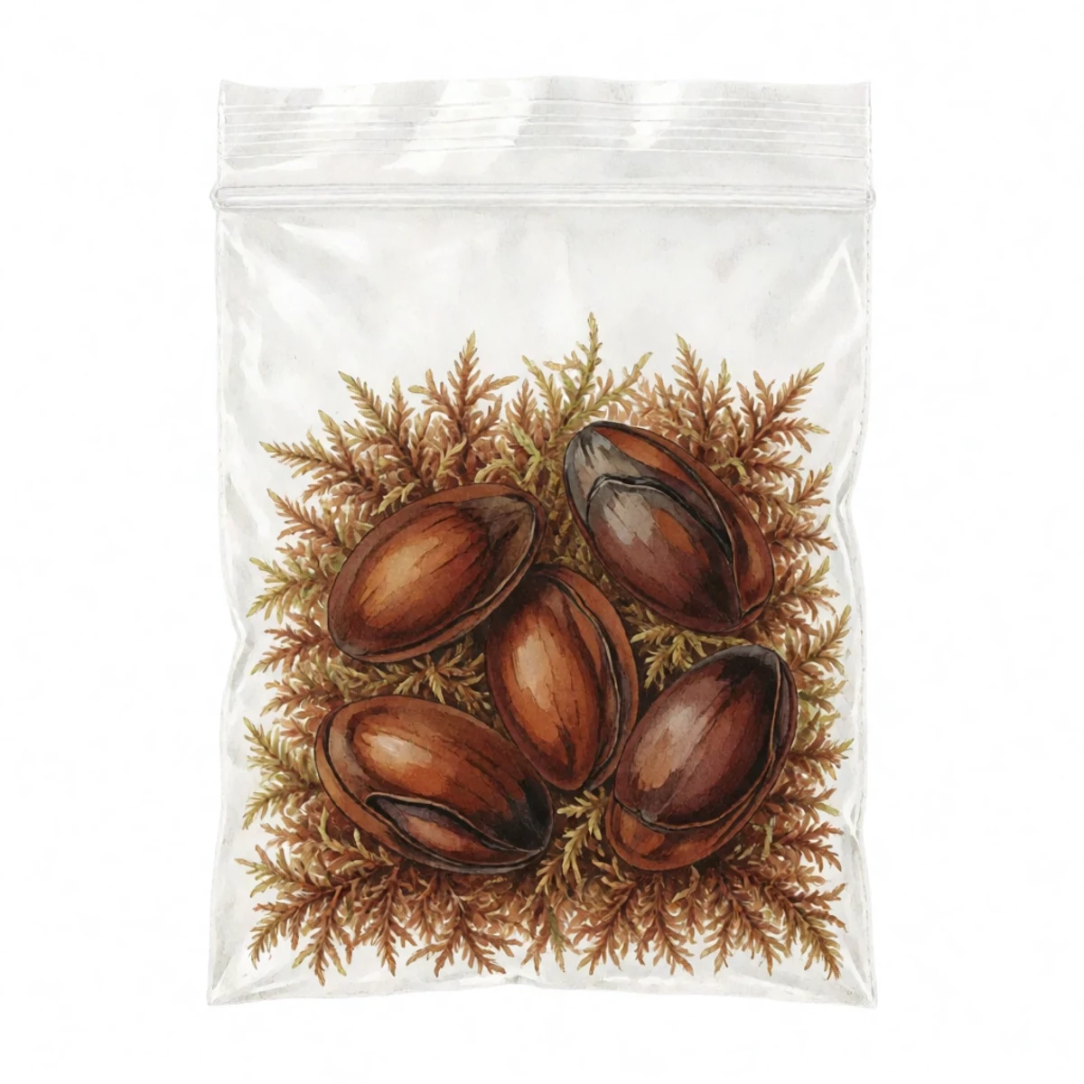Watercolour plate of brown pawpaw seeds nested in damp green sphagnum moss inside a clear zip bag with a handwritten date label