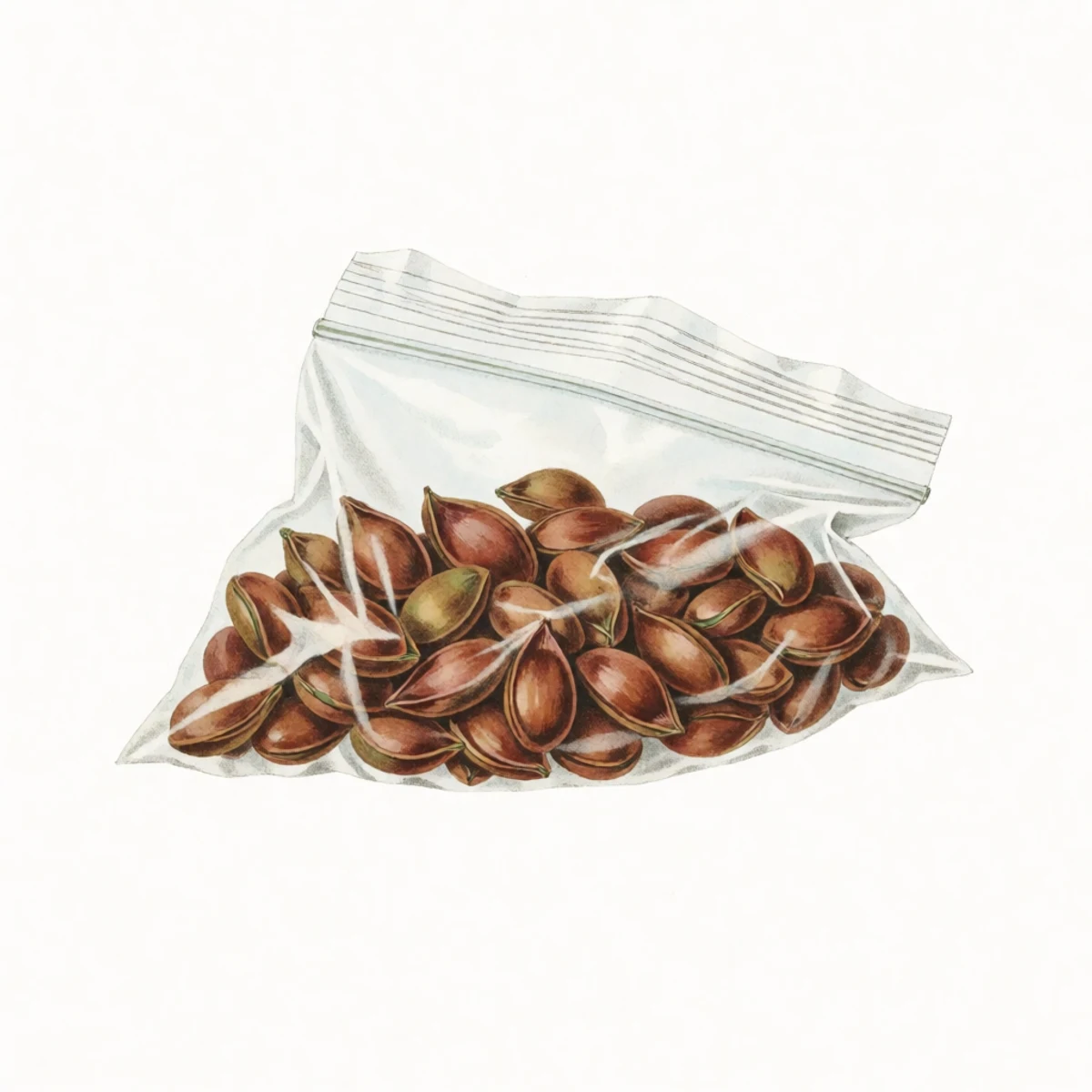 Watercolour plate of a labelled bag of pawpaw seeds in damp moss sitting on a refrigerator crisper shelf, cool blue-white light