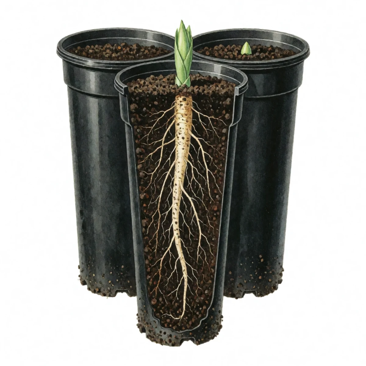 Watercolour plate of a tall narrow tree pot cut away to show a pawpaw seed sown an inch deep with a long white taproot diving to the bottom before any shoot appears