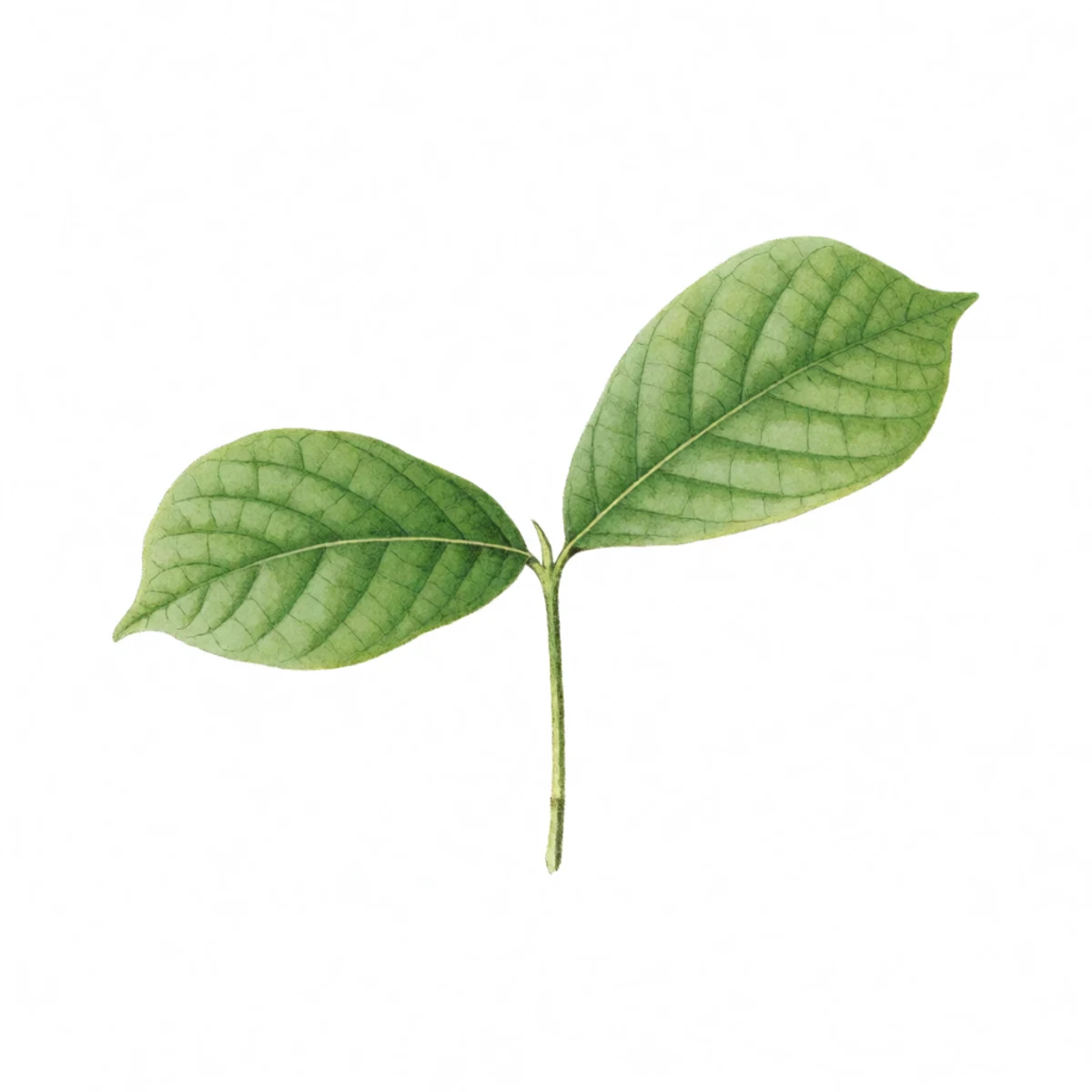 Watercolour plate of a young pawpaw seedling with two broad green leaves growing under dappled shade cloth, forest-floor light