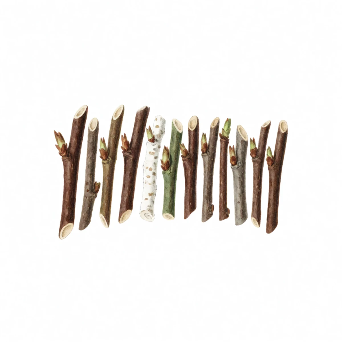 Watercolor plate of a row of dormant hardwood cuttings, one callused and rooting