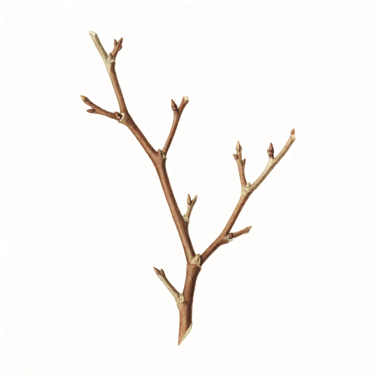 Watercolour plate of a dormant leafless shrub stem of last season's growth being cut, smooth bark, pencil thick, a pruning cut clean at the node
