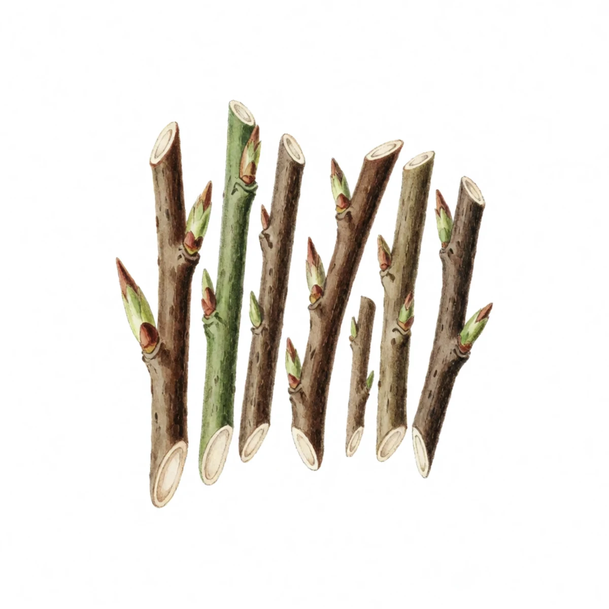 Watercolour plate of several hardwood cuttings laid in a row showing the convention of a flat cut above the top bud and a sloping cut below the bottom bud