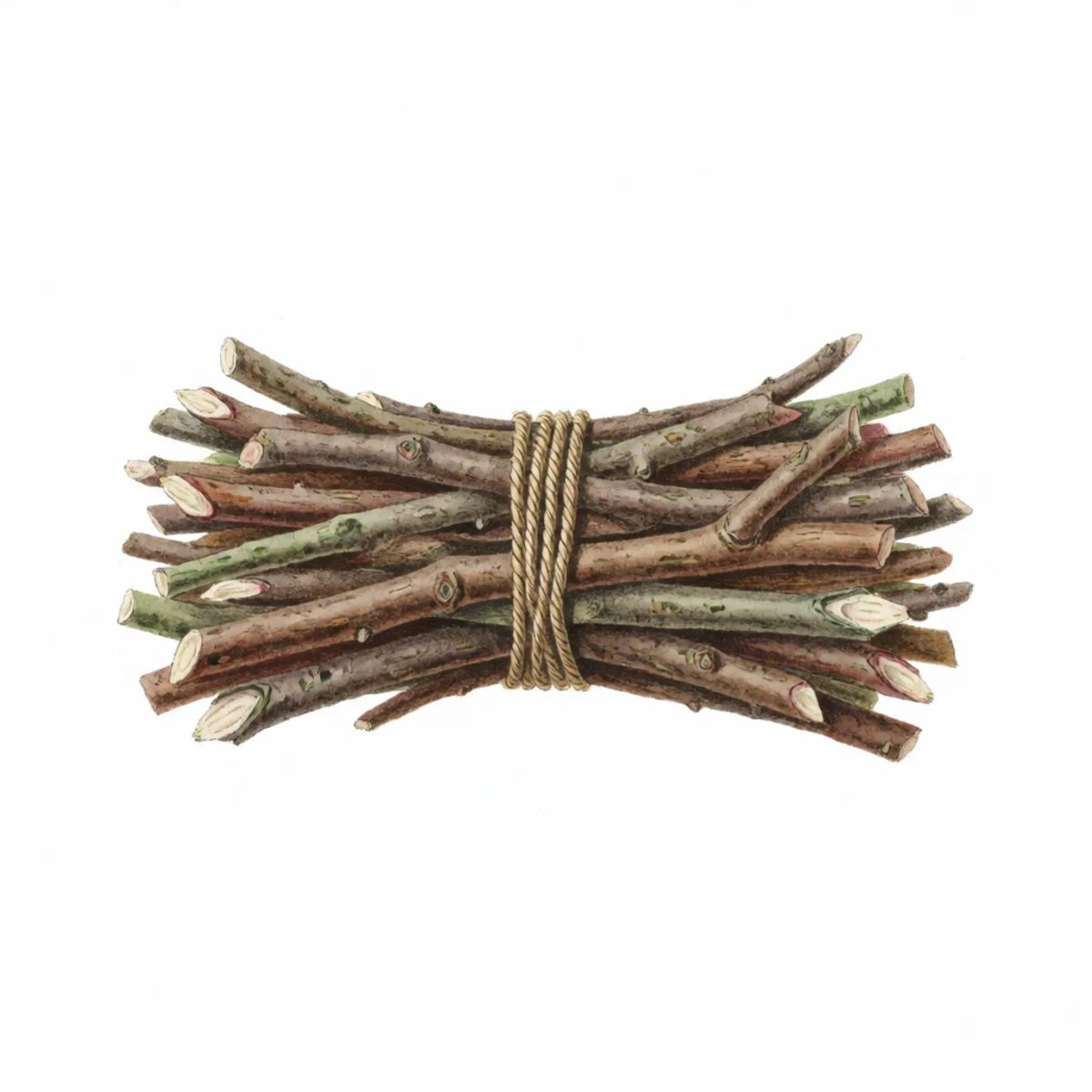 Watercolour plate of a bundle of hardwood cuttings tied with twine, wrapped in damp cloth, resting in a cool dim place with a pale callus forming at the cut ends