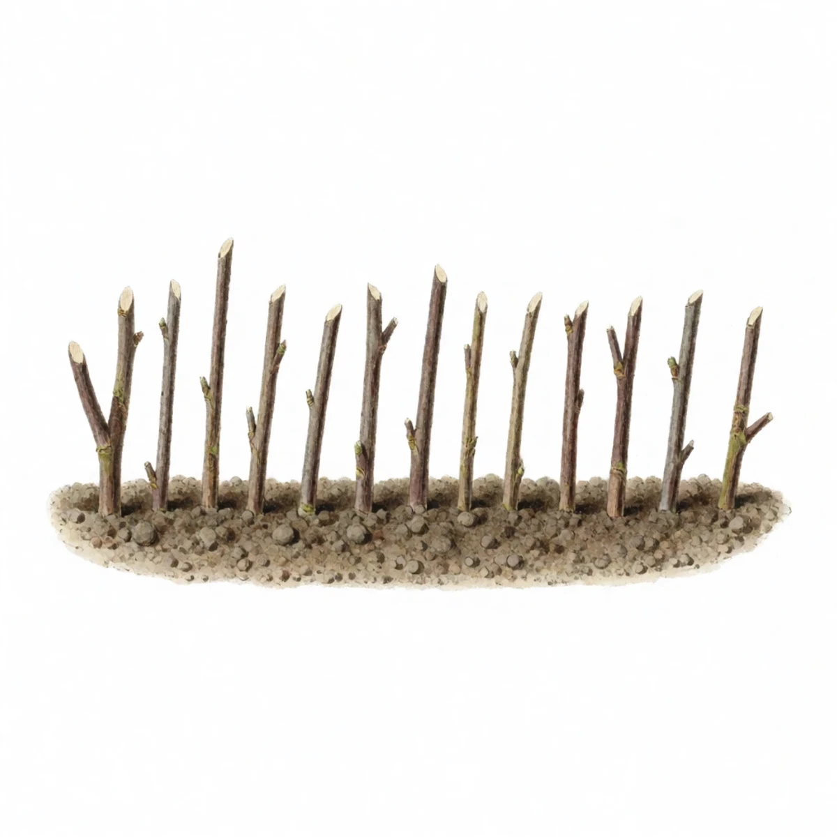 Watercolour plate of a row of bare dormant hardwood cuttings standing upright in a shallow garden trench of gritty soil, evenly spaced, each stick sunk deep so only its short tip shows above the soil surface, seen from the side at ground level