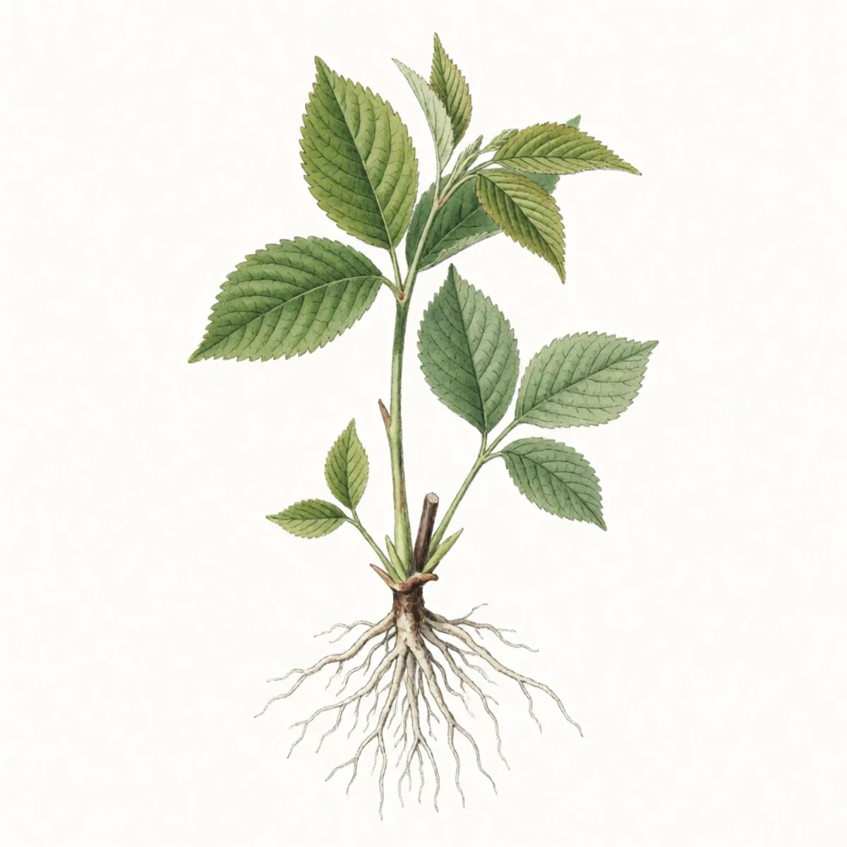 Watercolour plate of a hand tugging gently at a rooted hardwood cutting in early summer, white roots holding it firm in the soil while a leafy shoot stands above
