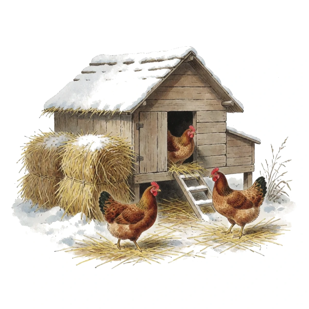 Watercolor plate of a snug coop in light snow with hens on a straw path