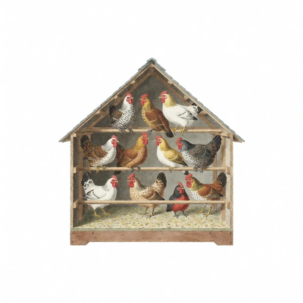 Watercolour plate of a cross-section of a chicken coop showing low draft cracks sealed and high vents open above the roosting birds
